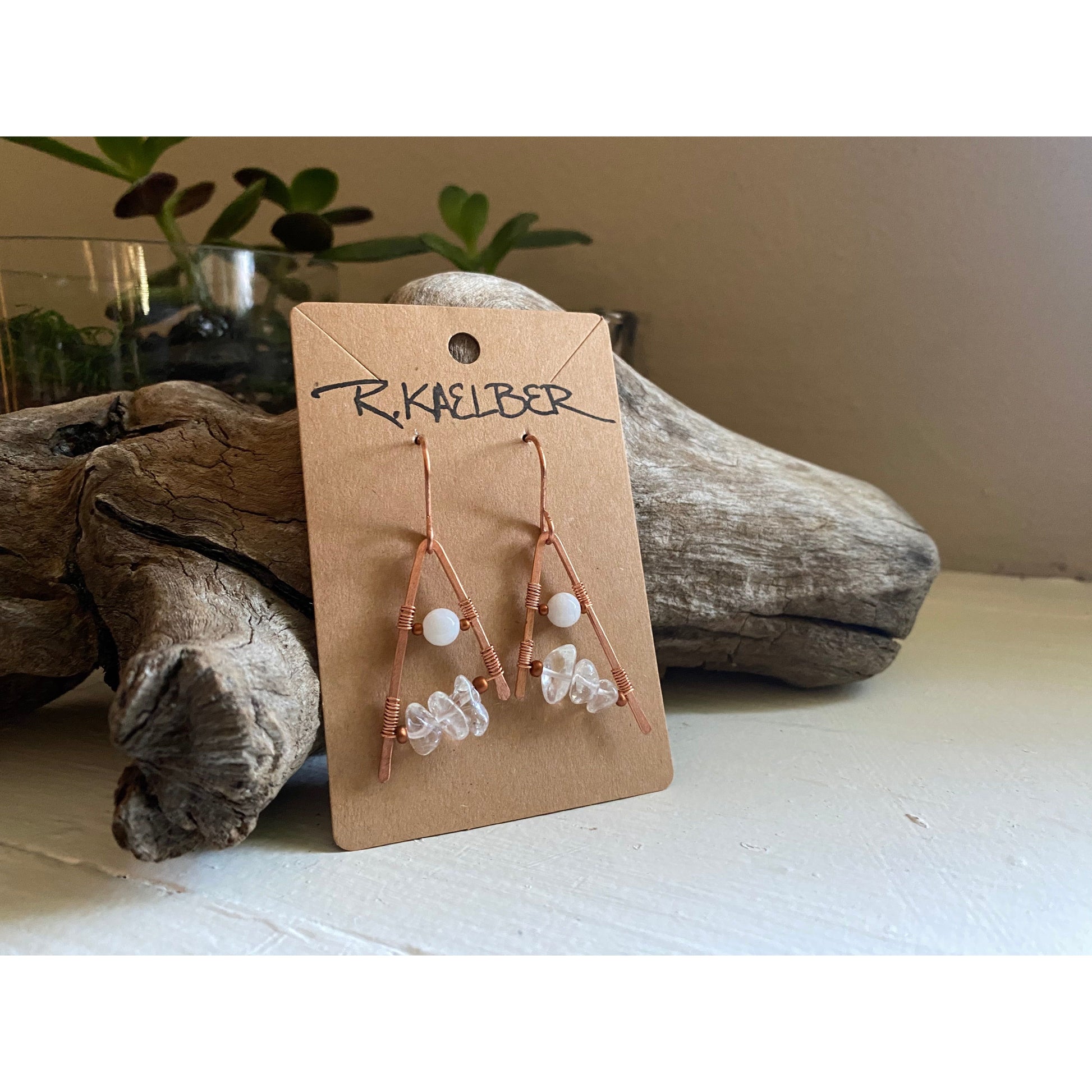 Rainbow Moonstone and Clear Quartz A Frame Earrings - R.Kaelber Art