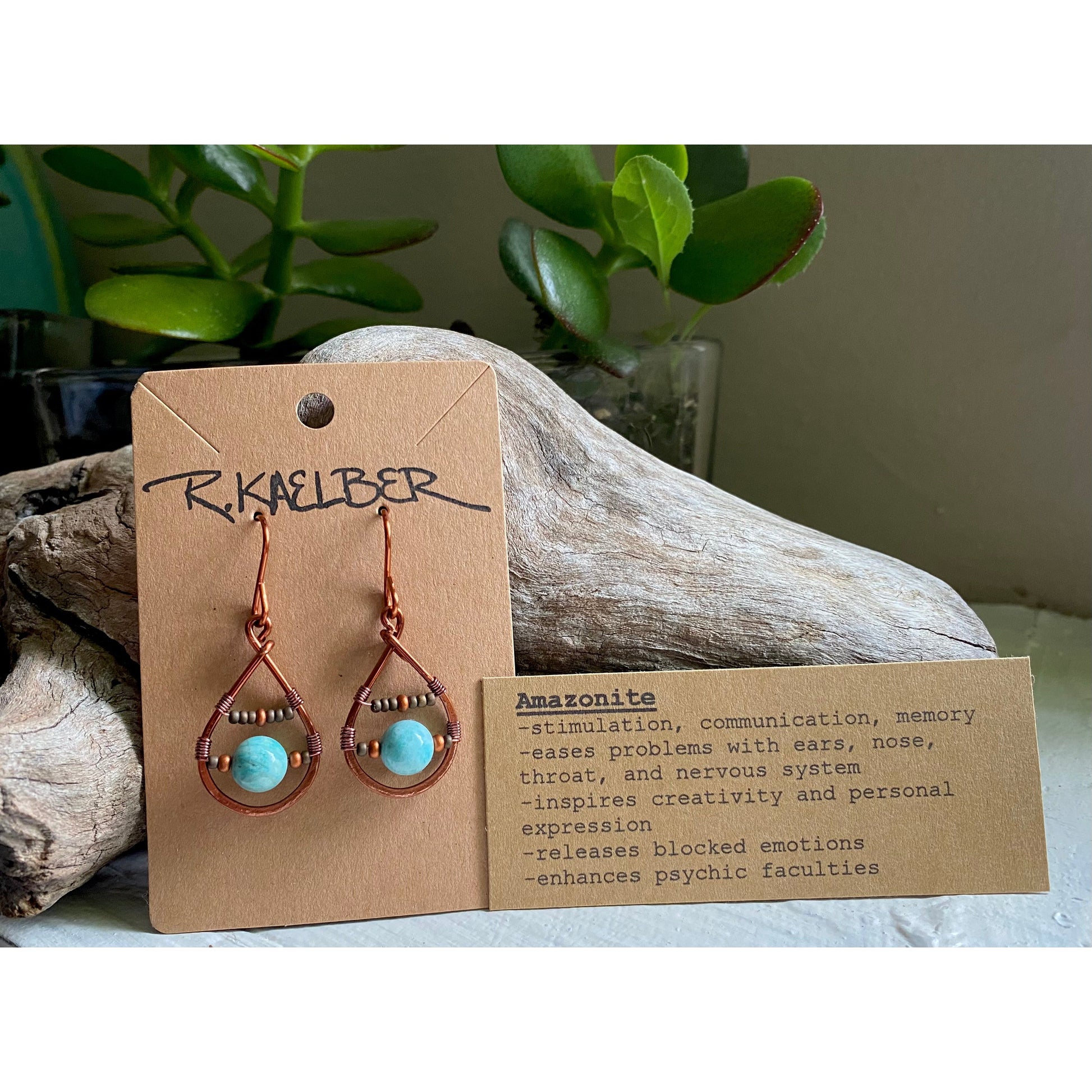 Amazonite Teardrop Earrings with Copper and Seedbeads - R.Kaelber Art