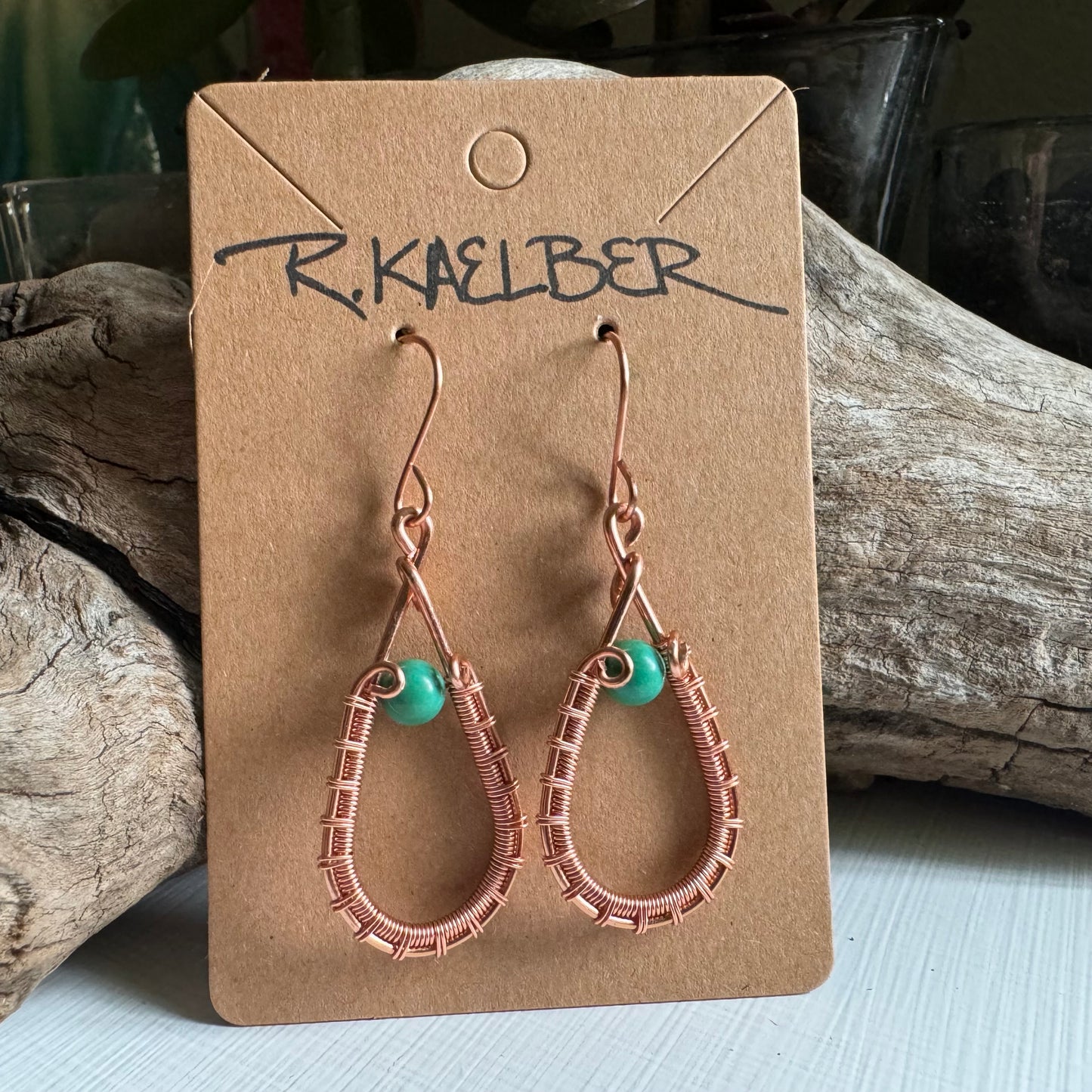 Turquoise Teardrop Earrings with Wire Wrapped Copper