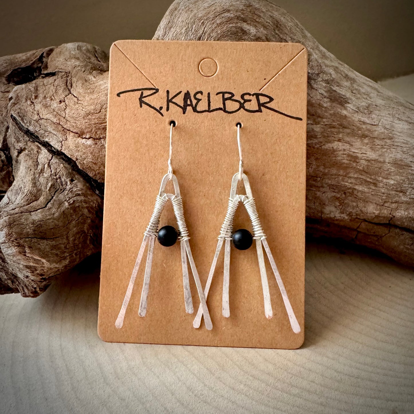 Onyx and Hammered Sterling Silver Double A-Frame Earrings