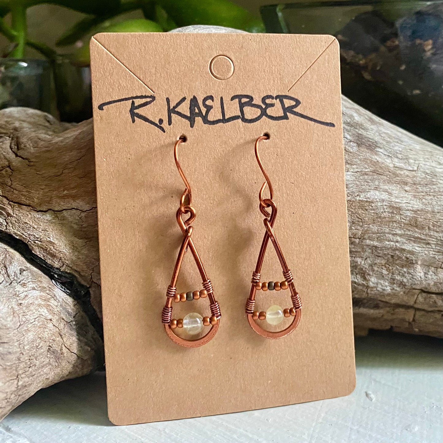 Prehnite and Copper Teardrop Earrings - R.Kaelber Art