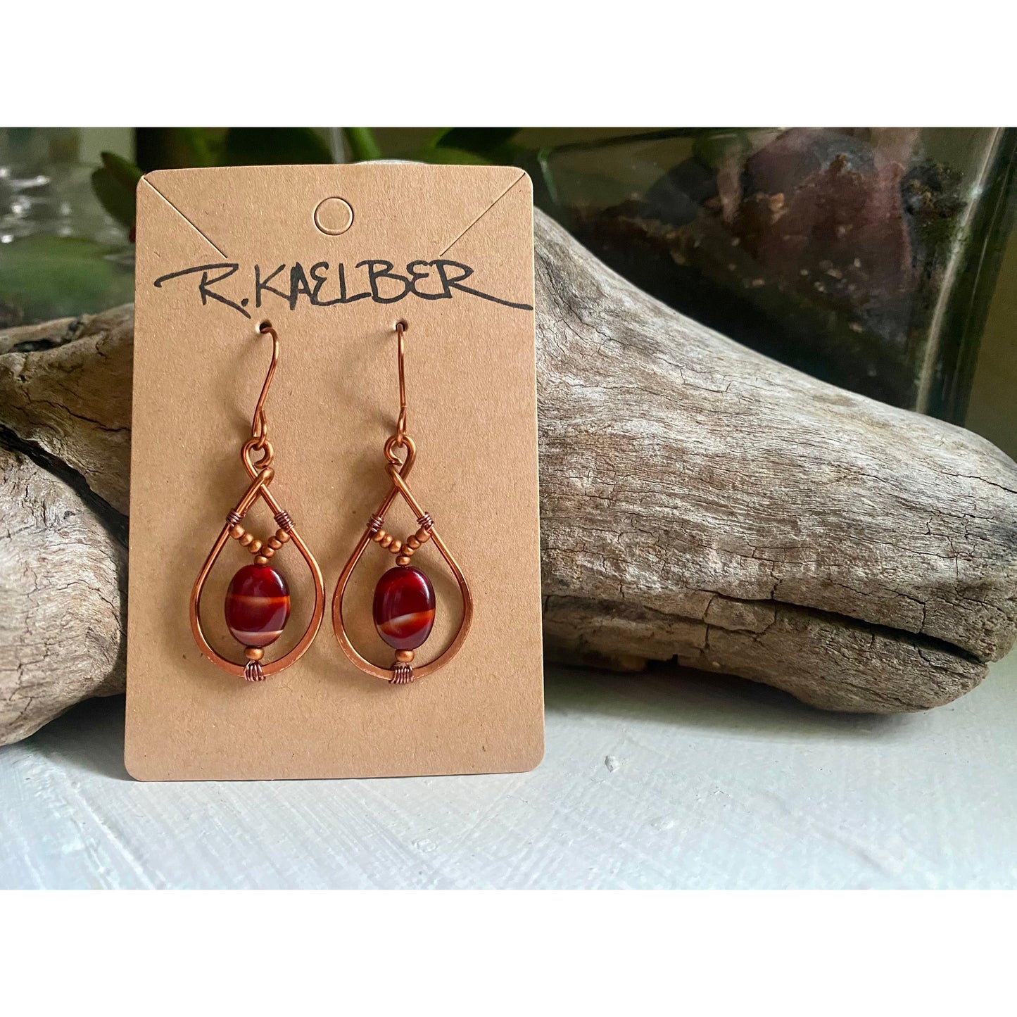 Red Tiger’s Eye and Copper Teardrop Earrings - R.Kaelber Art