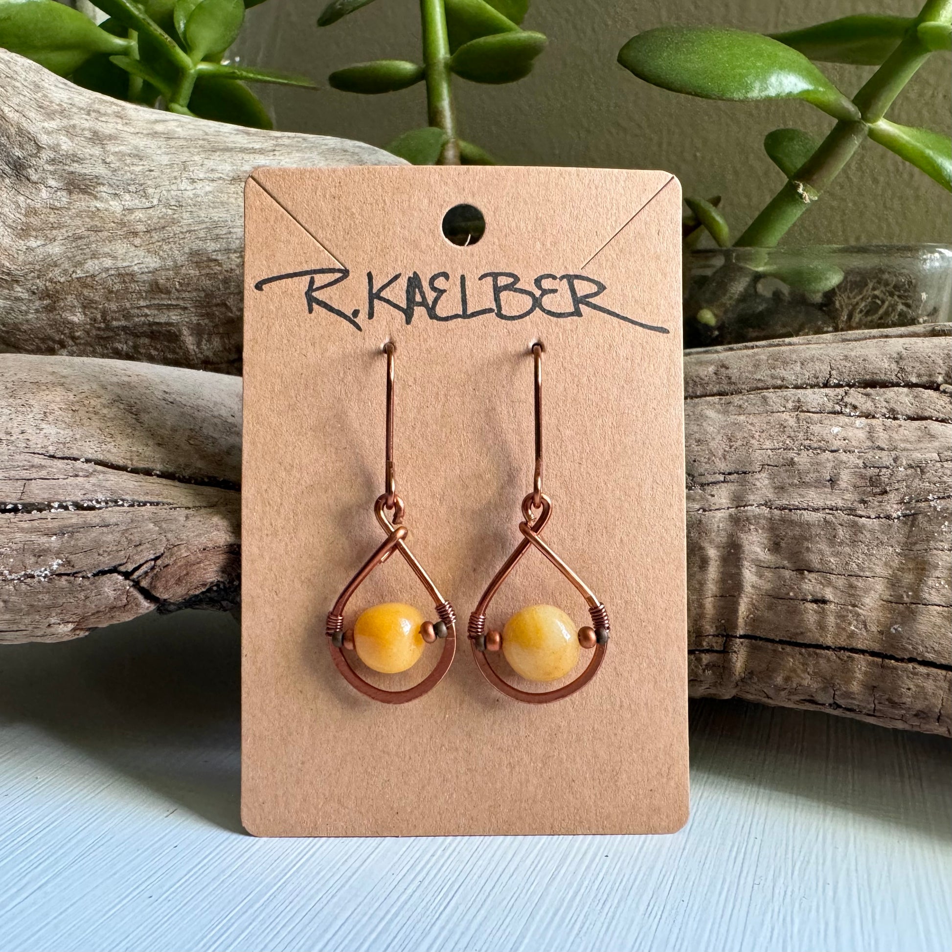 Yellow Jade and Copper Teardrop Earrings - R.Kaelber Art