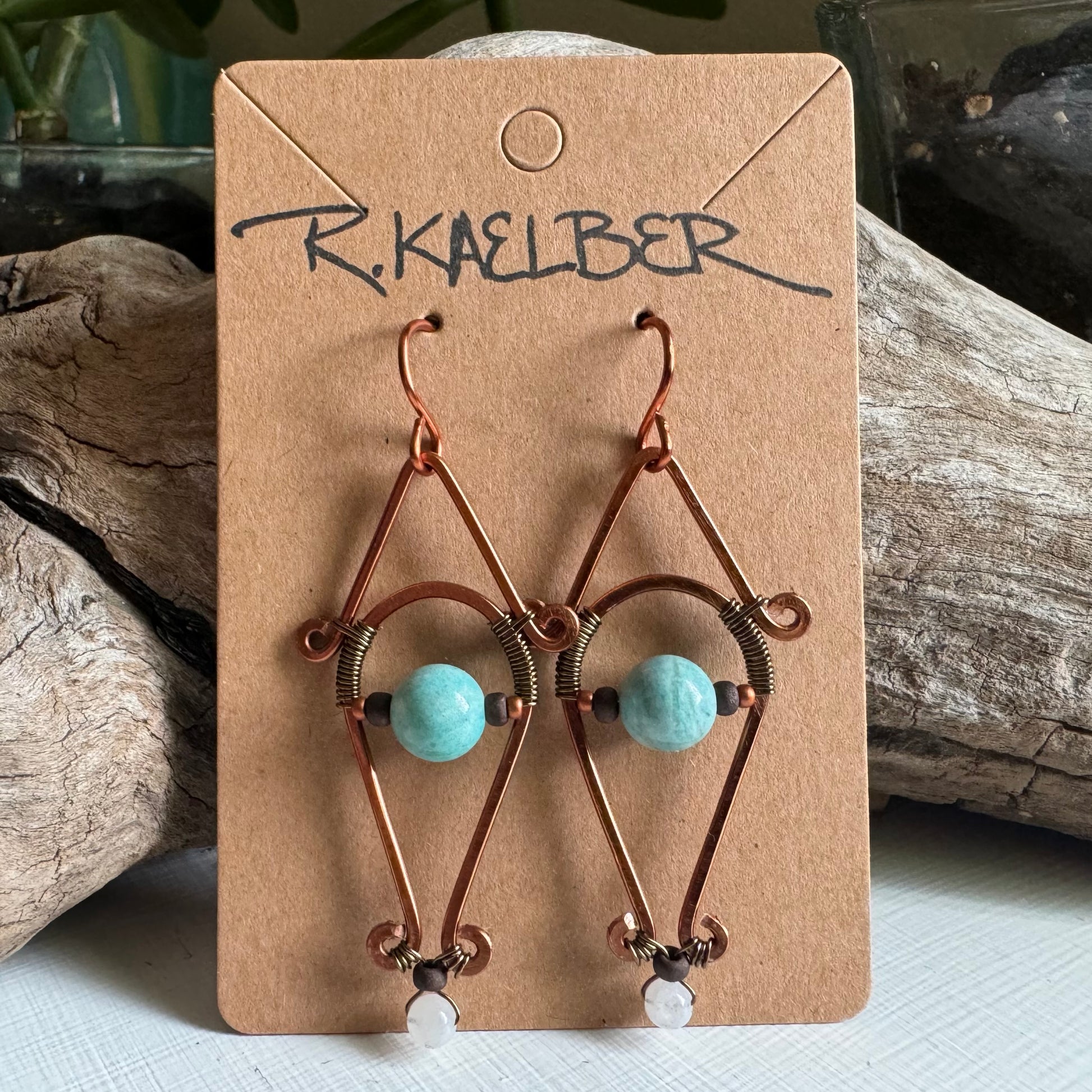 Amazonite and Rainbow Moonstone Dangle Earrings with Copper and Antique Bronze - R.Kaelber Art