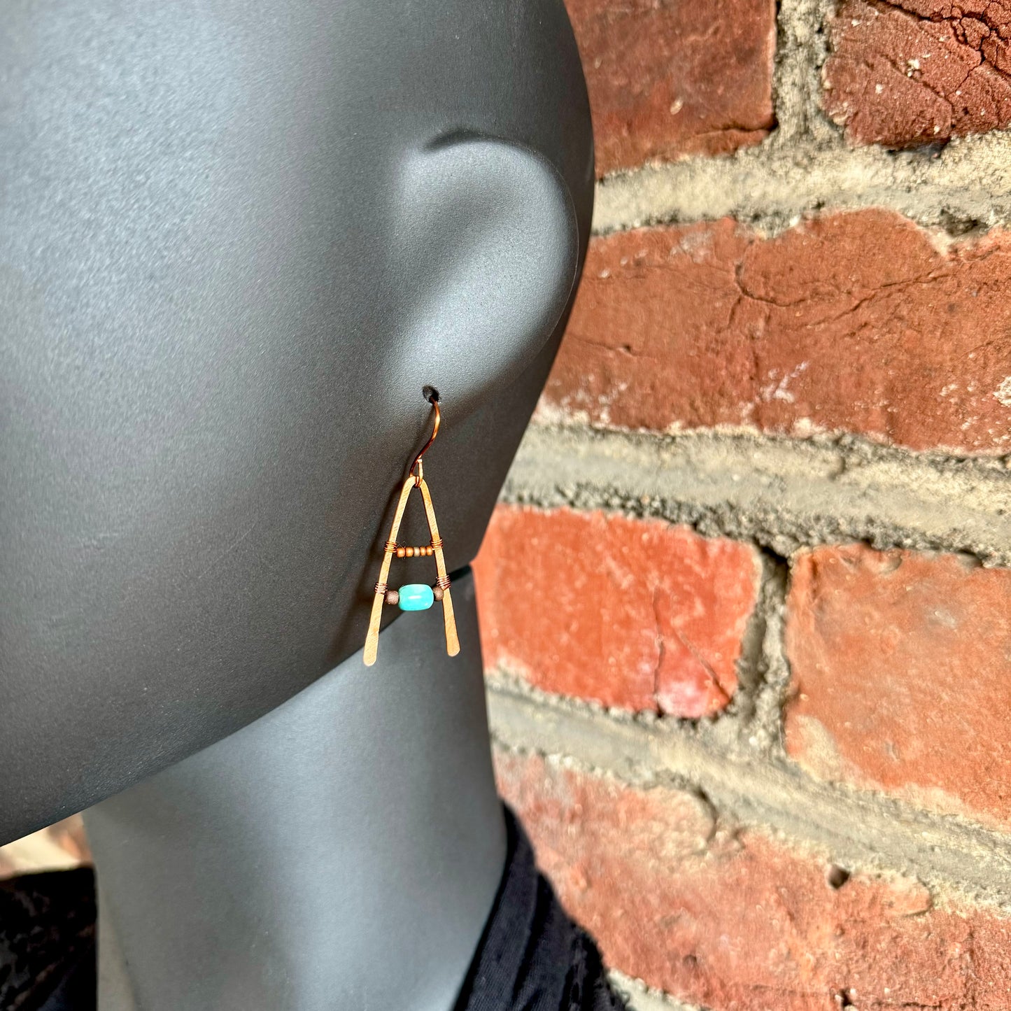 Turquoise A-Frame Earrings with Hammered Copper - R.Kaelber Art