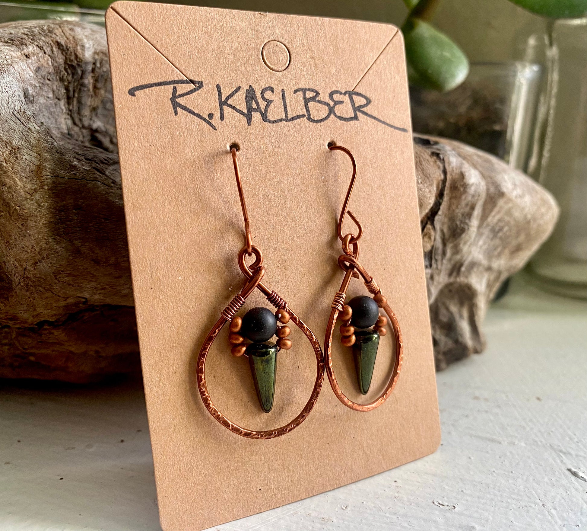 Onyx, Jet, and Copper Teardrop Earrings - R.Kaelber Art