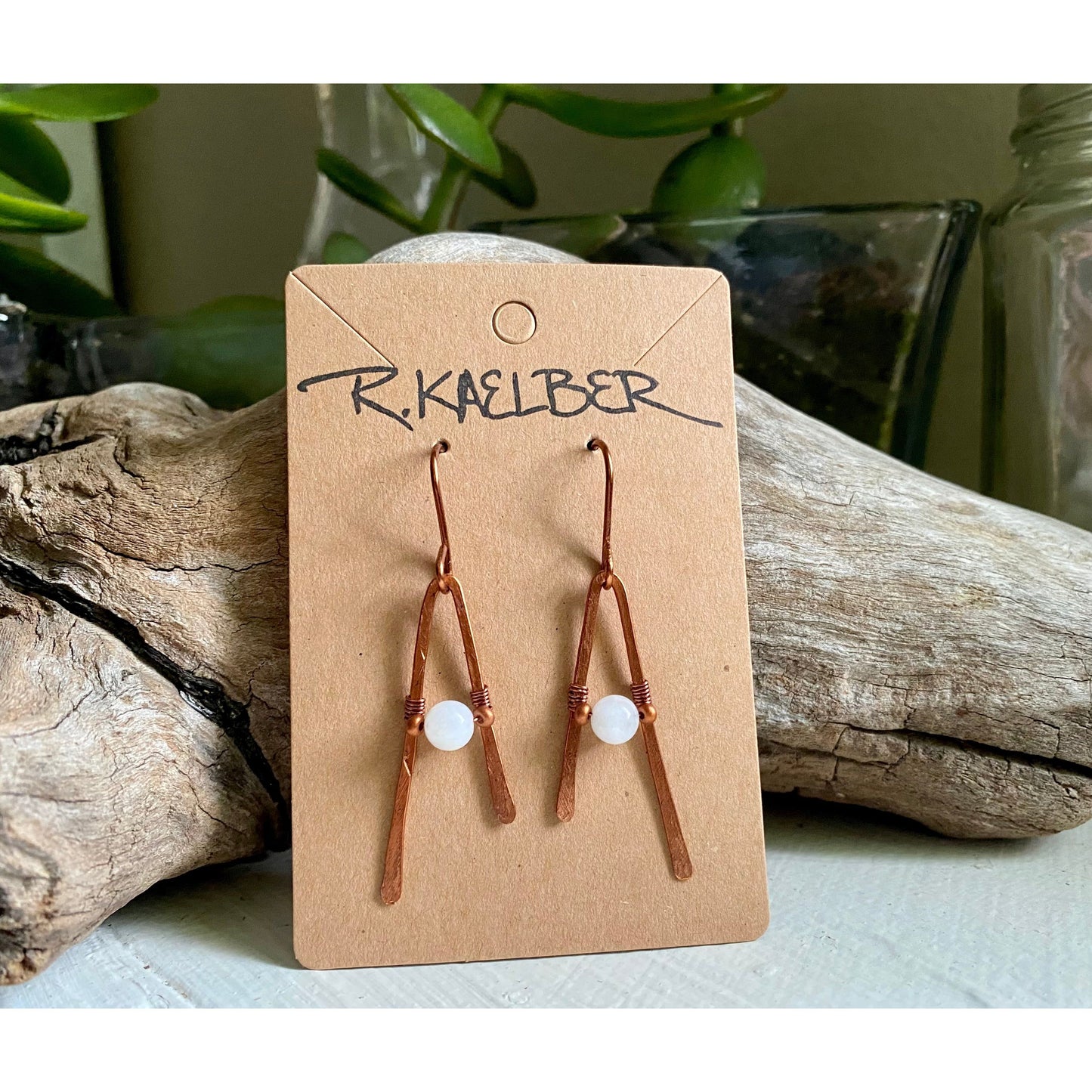 Rainbow Moonstone and Copper A-frame Dangle Earrings - R.Kaelber Art