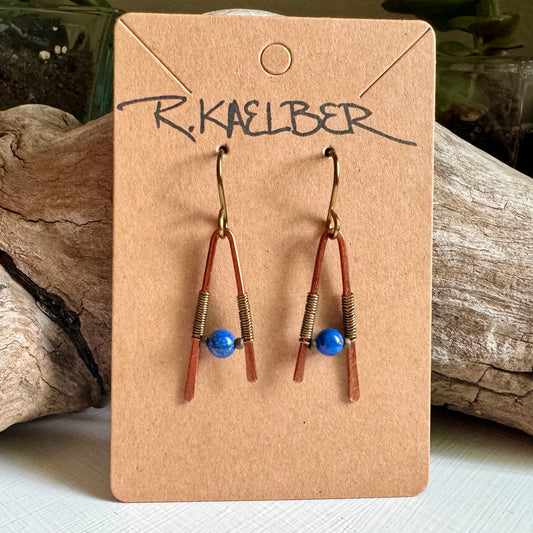 Lapis Lazuli A-Frame Earrings with Antique Copper and Bronze - R.Kaelber Art