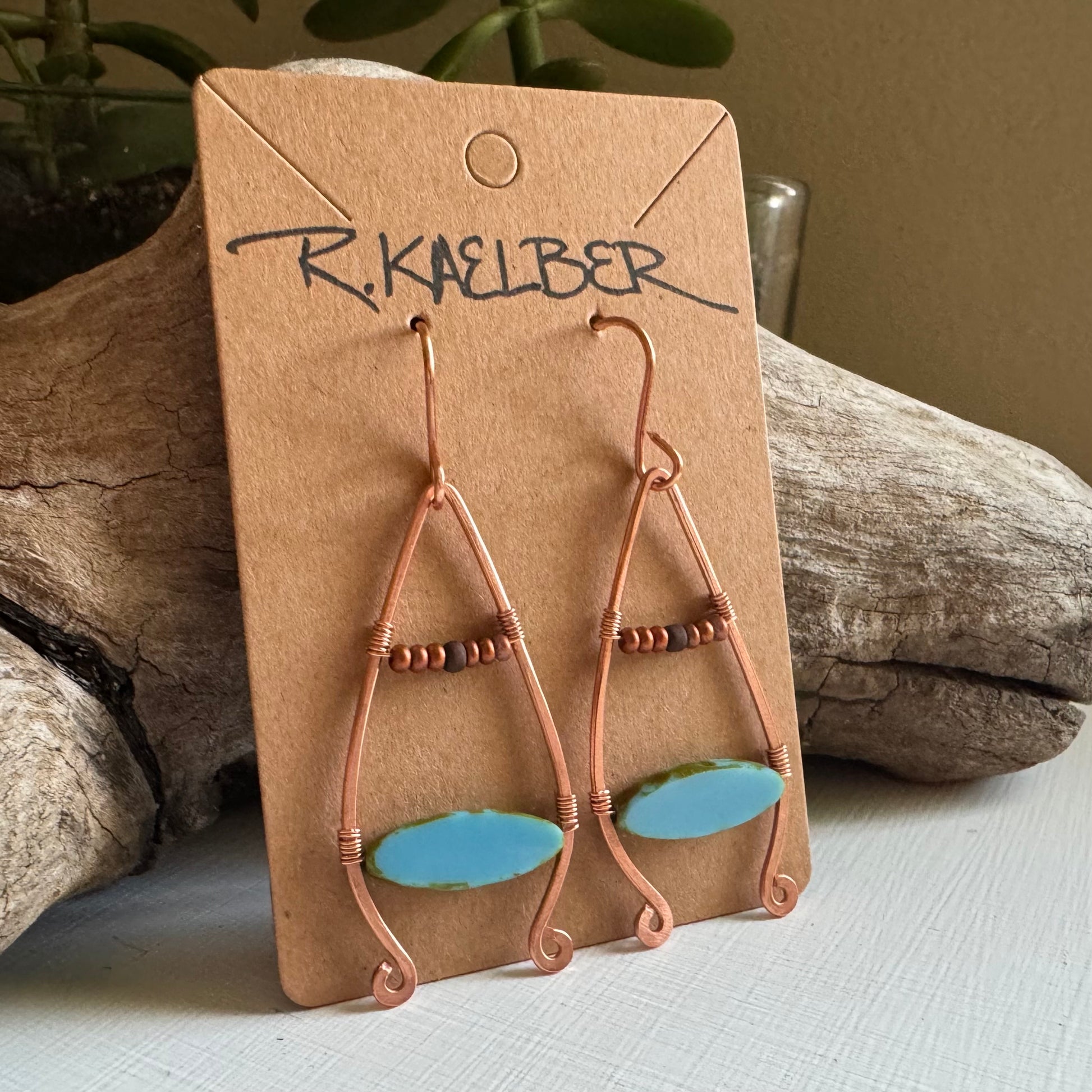 Glass (turquoise color)and Hammered Copper Dangle Earrings - R.Kaelber Art