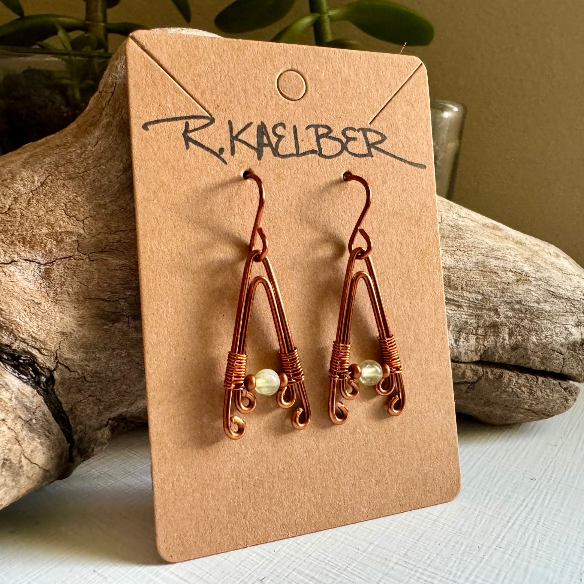 Prehnite and Copper A-Frame Earrings - R.Kaelber Art