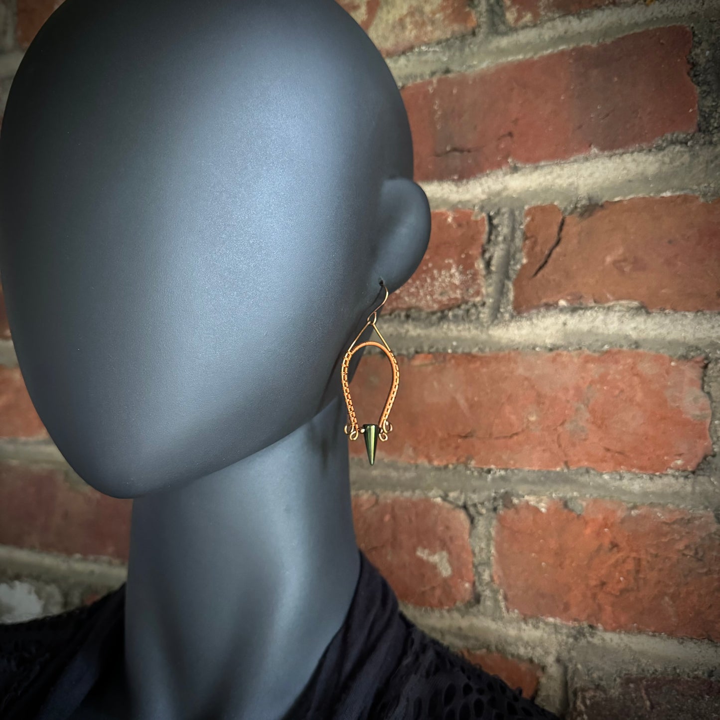 Jet, Copper, and Antique Bronze Wire Wrapped Dangle Earrings