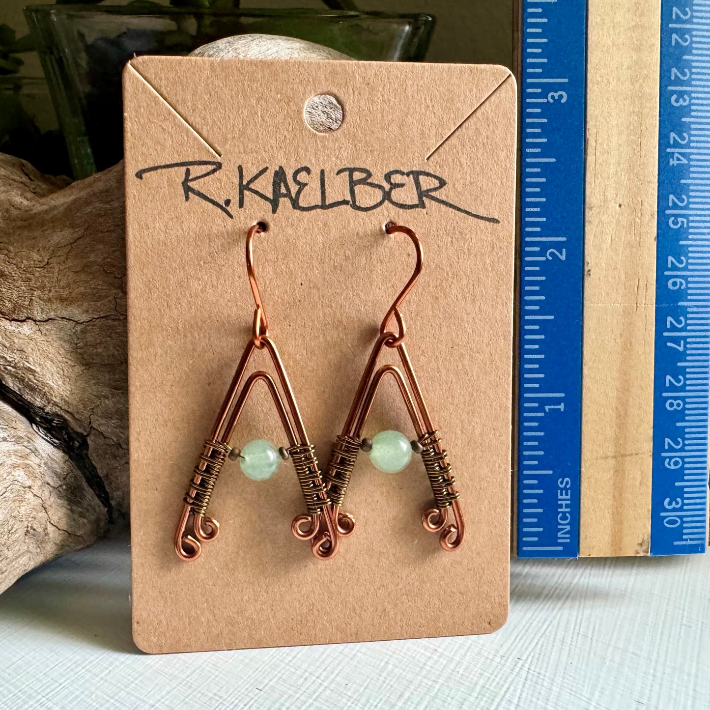 Aventurine, Copper and Antiques Bronze A- Frame Earrings - R.Kaelber Art