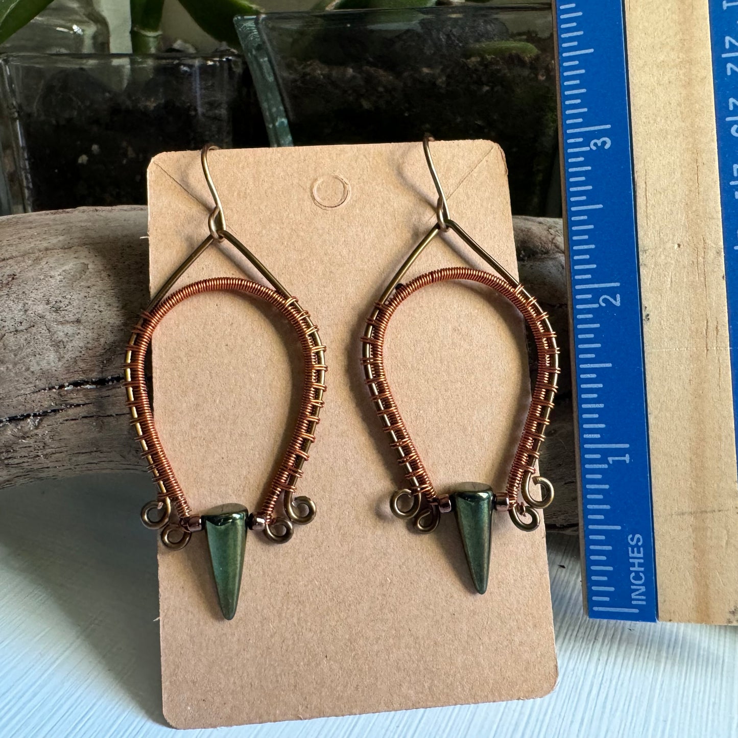 Jet, Copper, and Antique Bronze Wire Wrapped Dangle Earrings