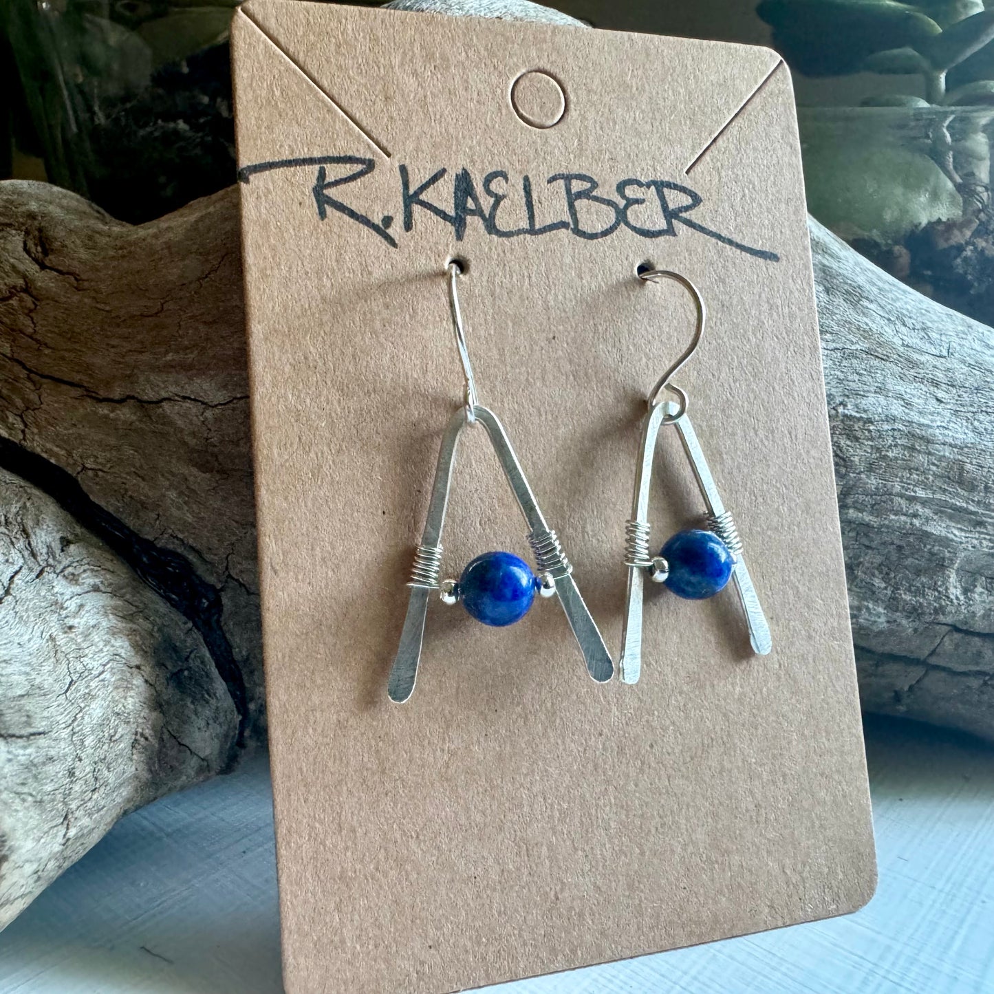 Lapis Lazuli A-Frame Earrings with Hammered Sterling Silver