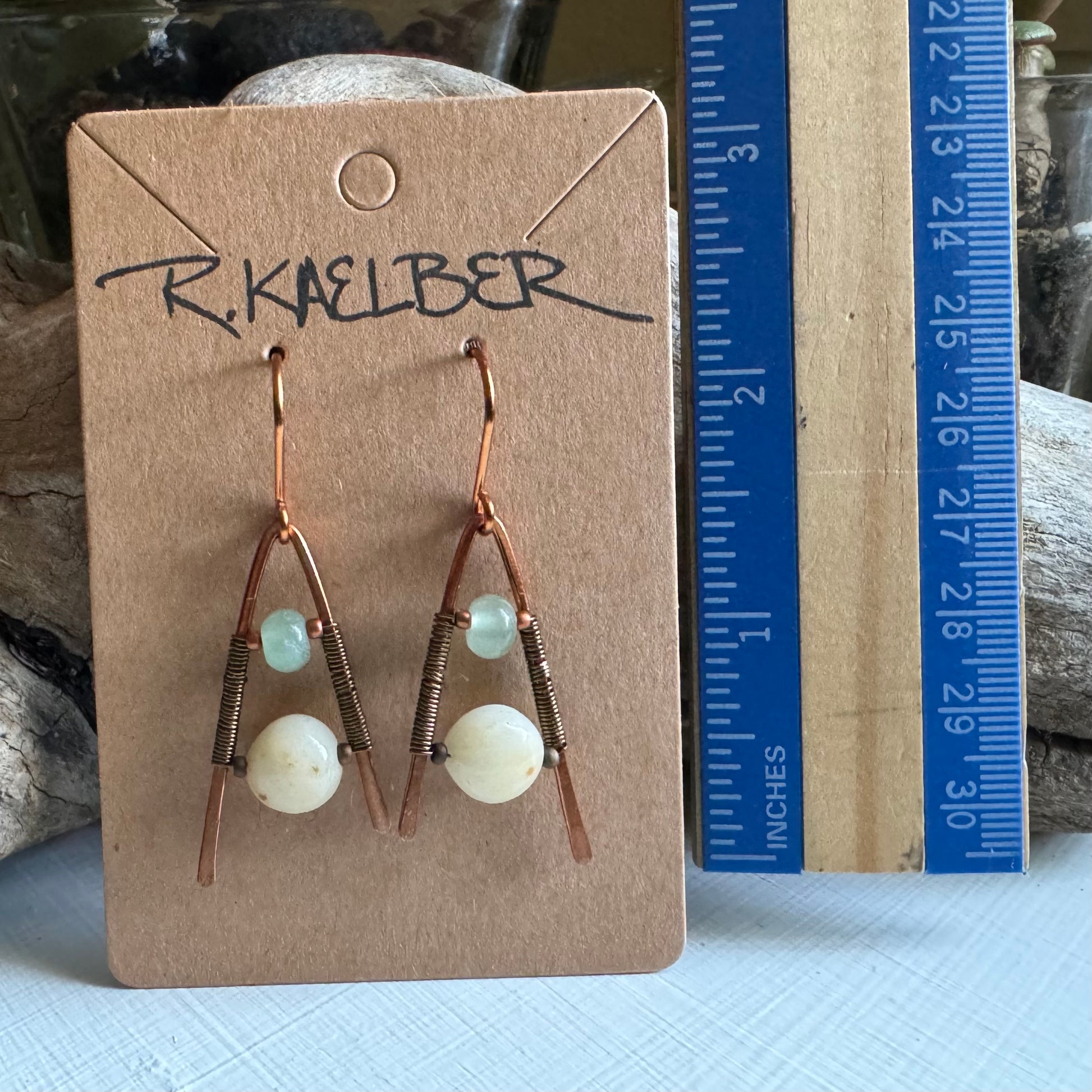 Aventurine and Jade Hammered Copper and Antique Bronze A-Frame Earrings - R.Kaelber Art