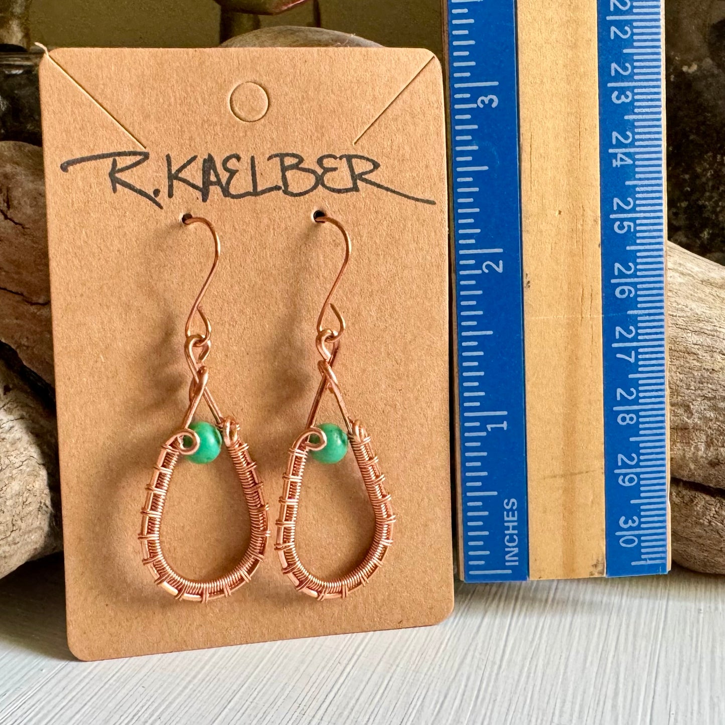 Turquoise Teardrop Earrings with Wire Wrapped Copper