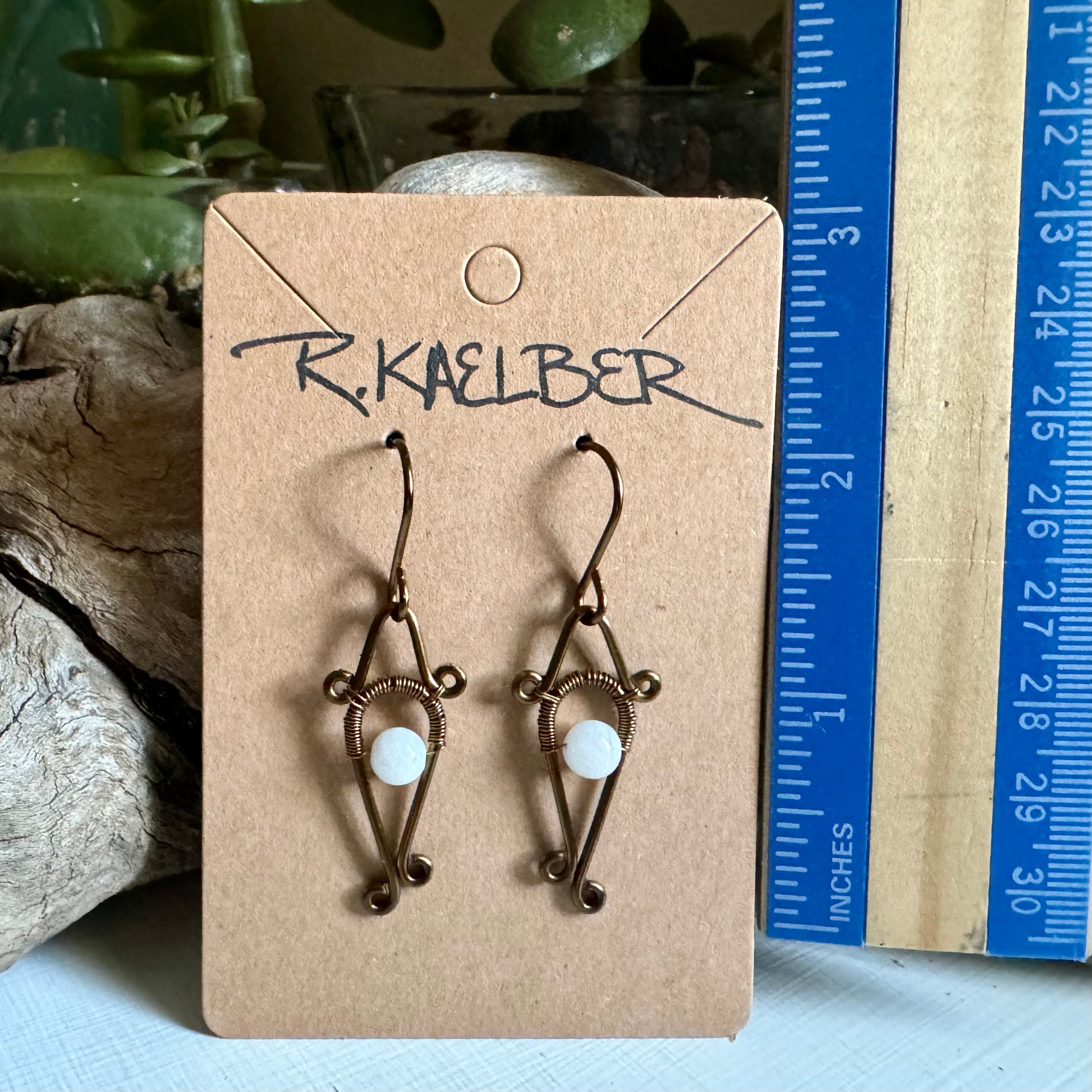 Rainbow Moonstone and Antique Bronze Small Dangle Earrings - R.Kaelber Art