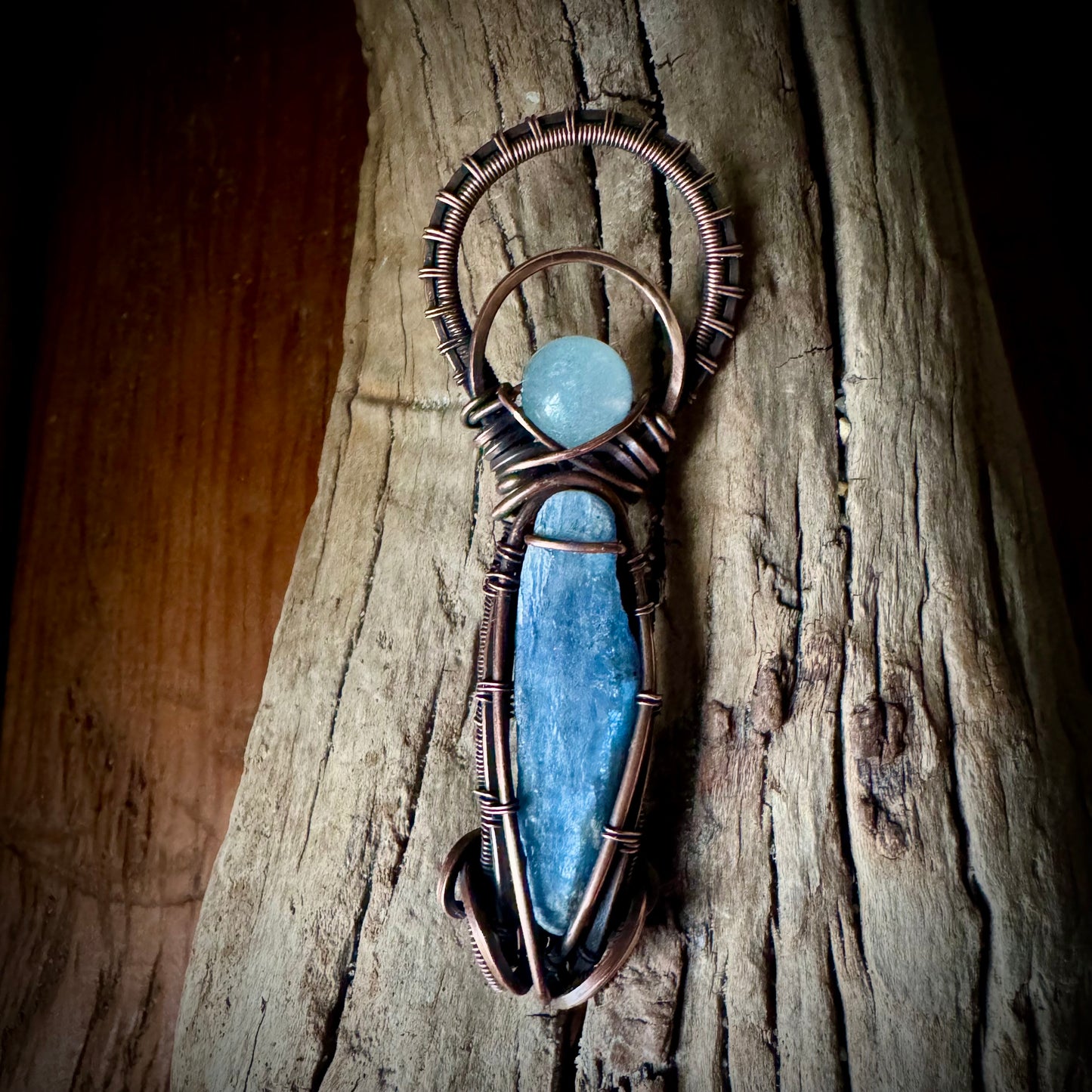 Aquamarine, Kyanite, and Copper Circular Pendant
