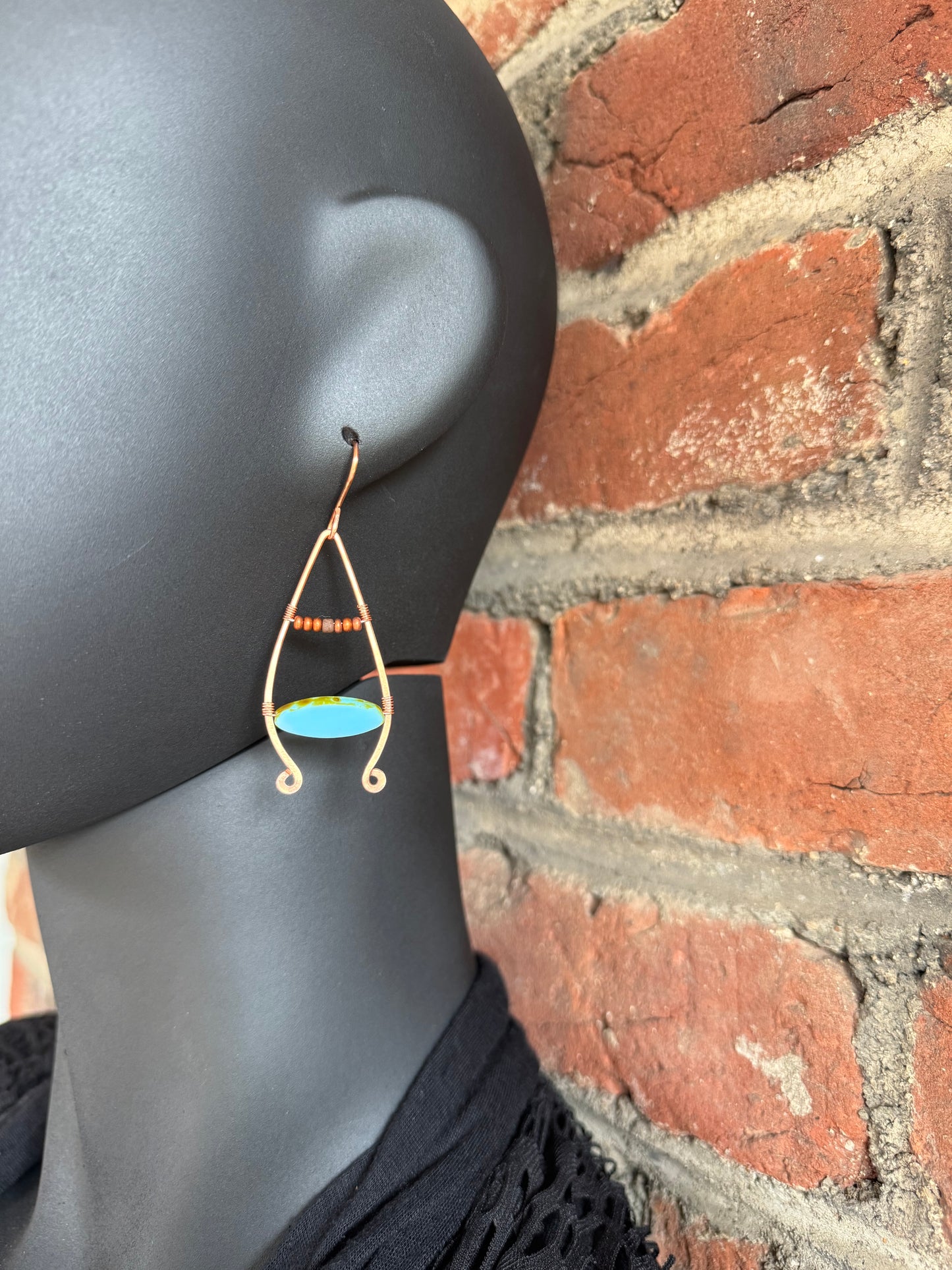 Glass (turquoise color)and Hammered Copper Dangle Earrings - R.Kaelber Art