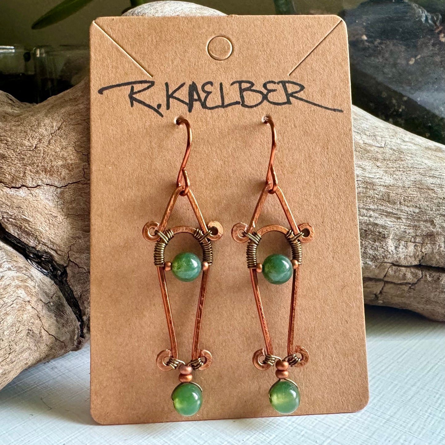 Moss Agate Dangle Earrings with Hammered Copper and Antique Bronze - R.Kaelber Art