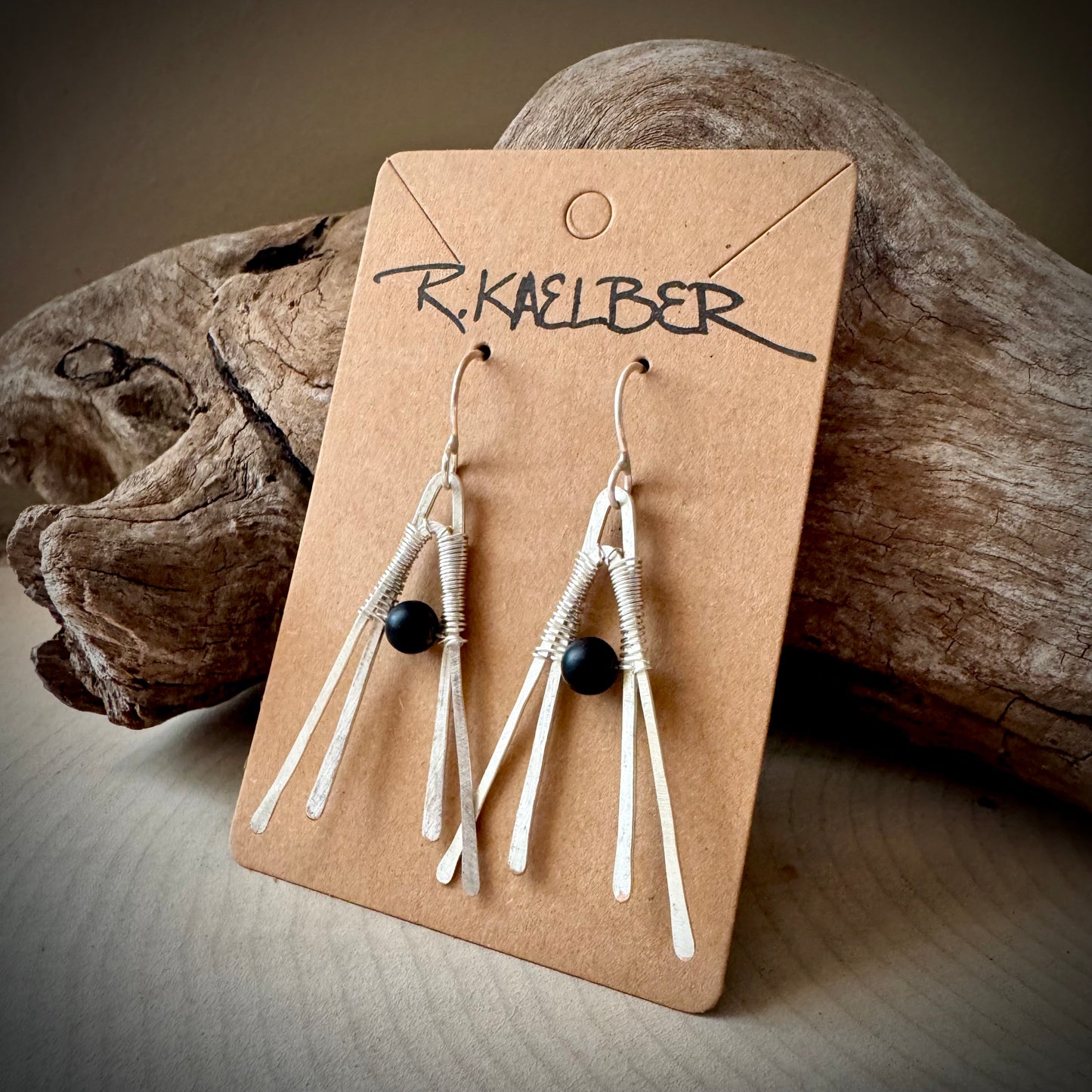Onyx and Hammered Sterling Silver Double A-Frame Earrings