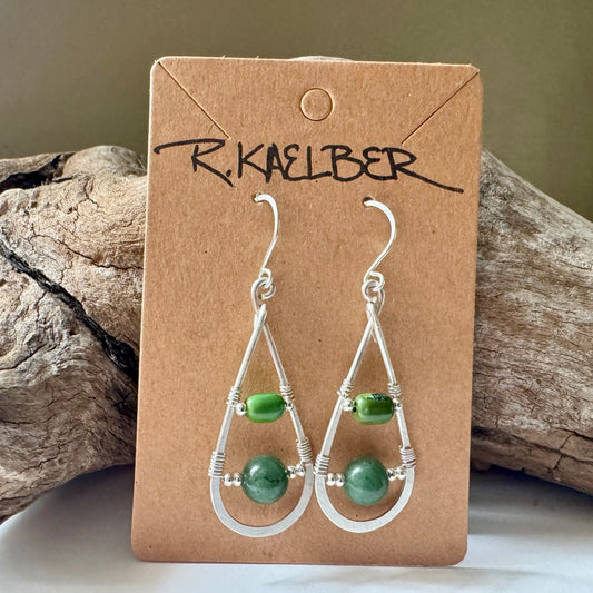 Jade and Turquoise Teardrop Earrings with Hammered Sterling Silver