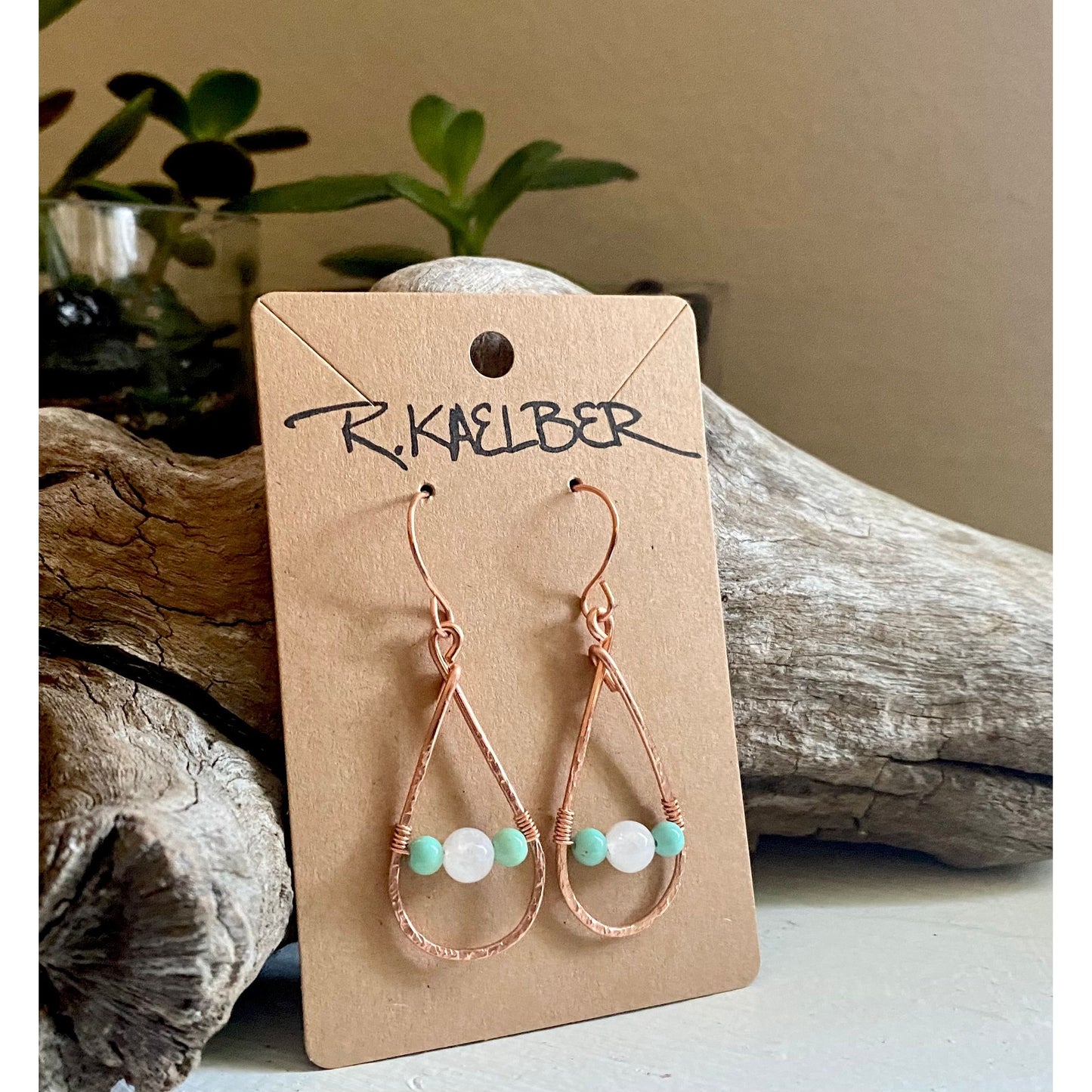 Green Opal and Rainbow Moonstone Teardrop Copper Earrings - R.Kaelber Art