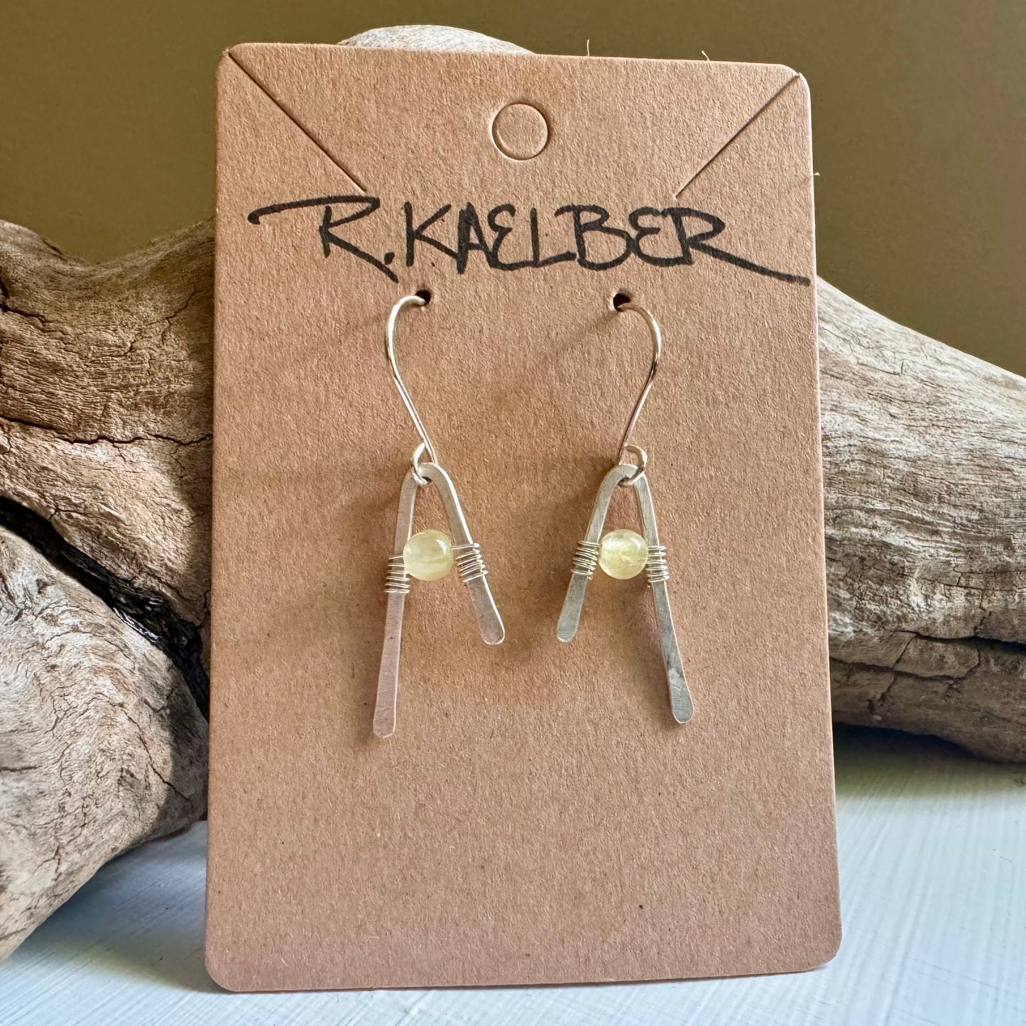 Prehnite and Hammered Sterling Silver A-Frame Earrings