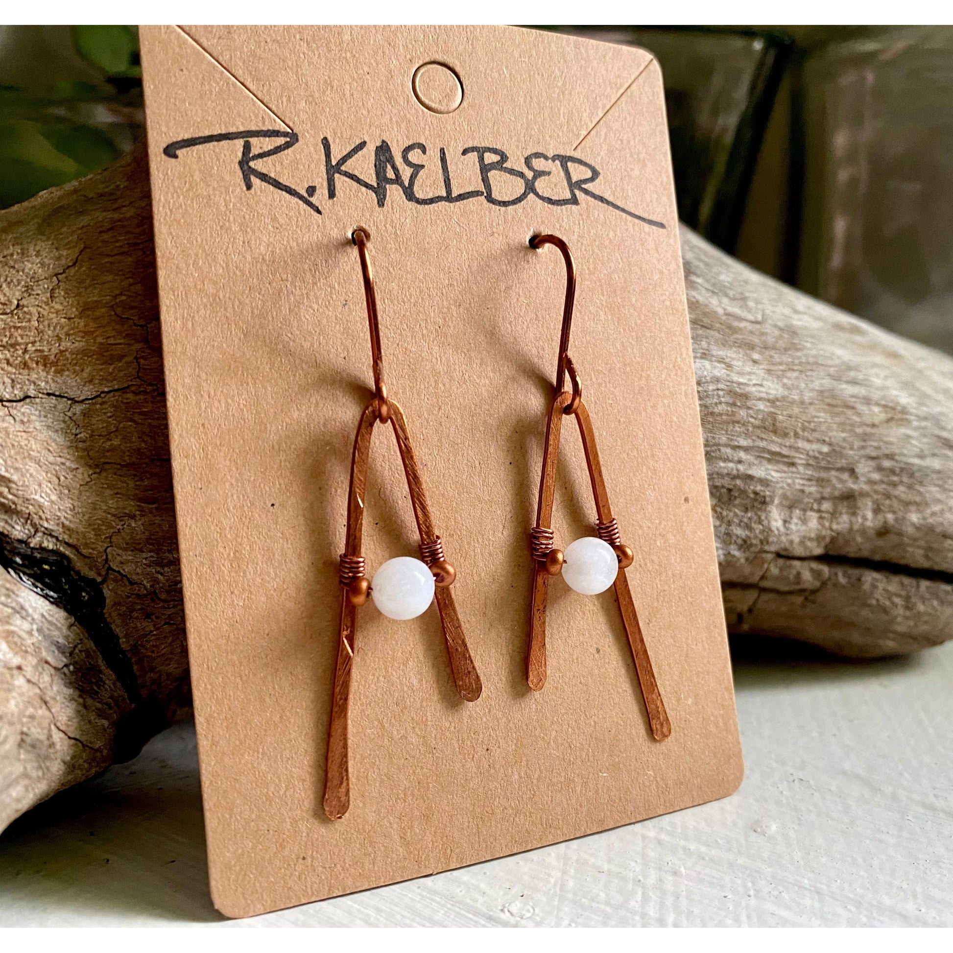 Rainbow Moonstone and Copper A-frame Dangle Earrings - R.Kaelber Art