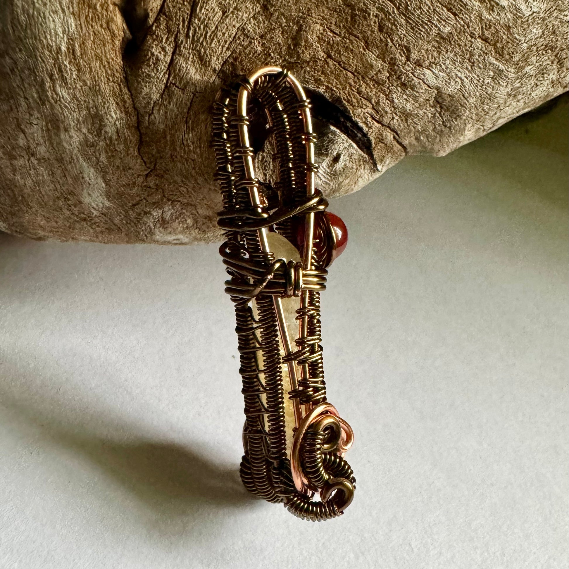 Citrine and Carnelian Wire Wrapped Pendant with Copper and Antique Bronze - R.Kaelber Art