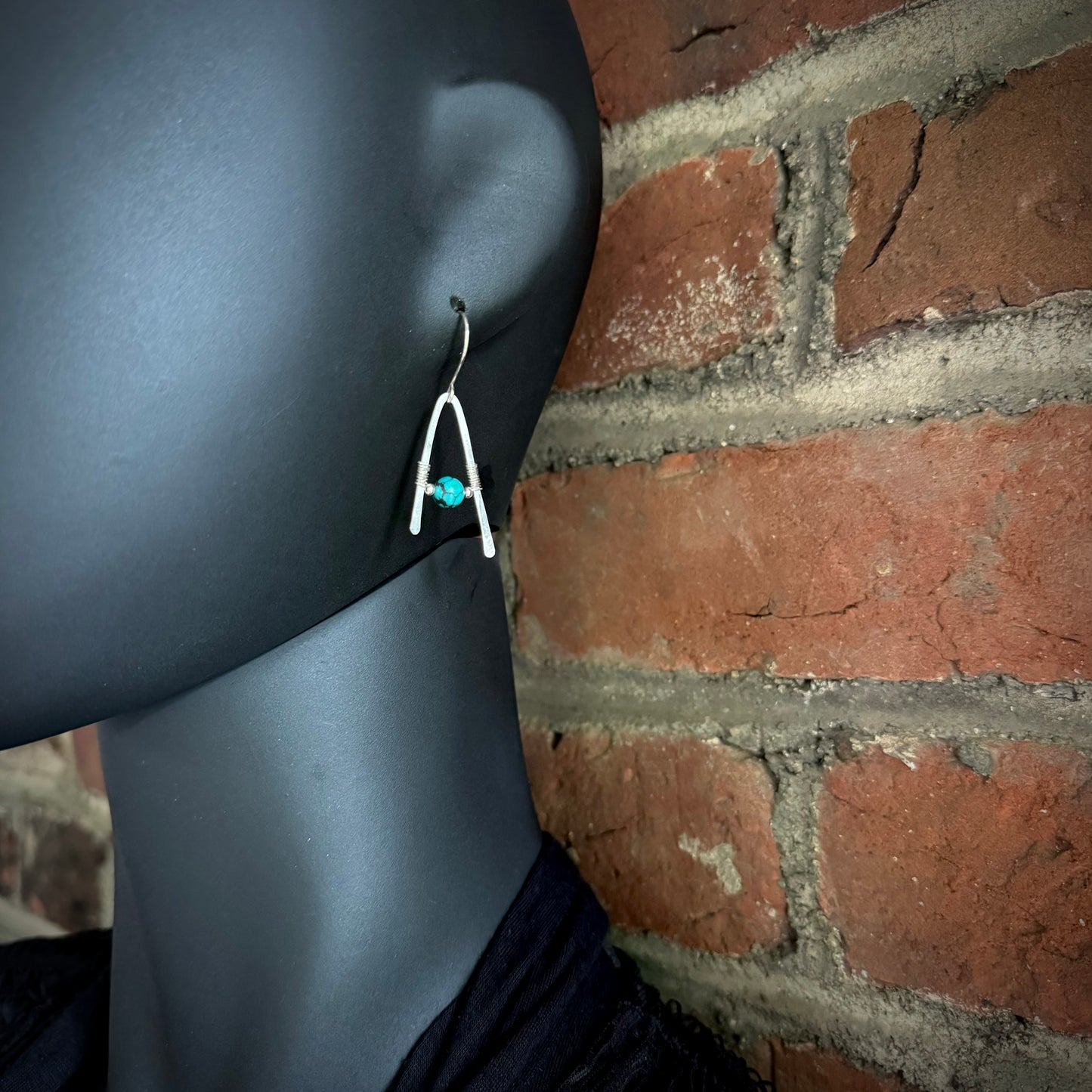 Turquoise A-Frame Earrings with Hammered Sterling Silver