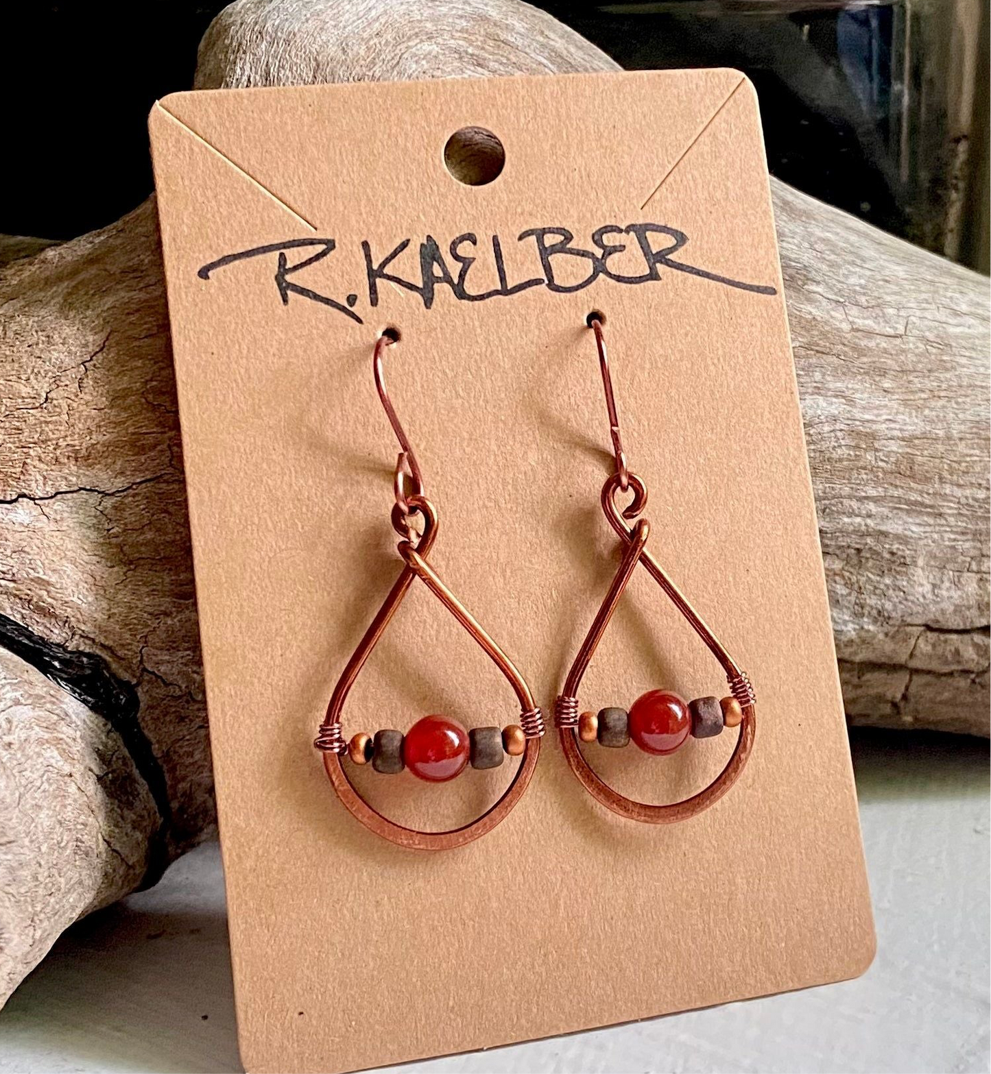 Carnelian and Copper Teardrop Earrings - R.Kaelber Art