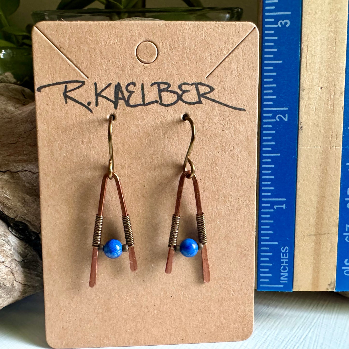 Lapis Lazuli A-Frame Earrings with Antique Copper and Bronze - R.Kaelber Art