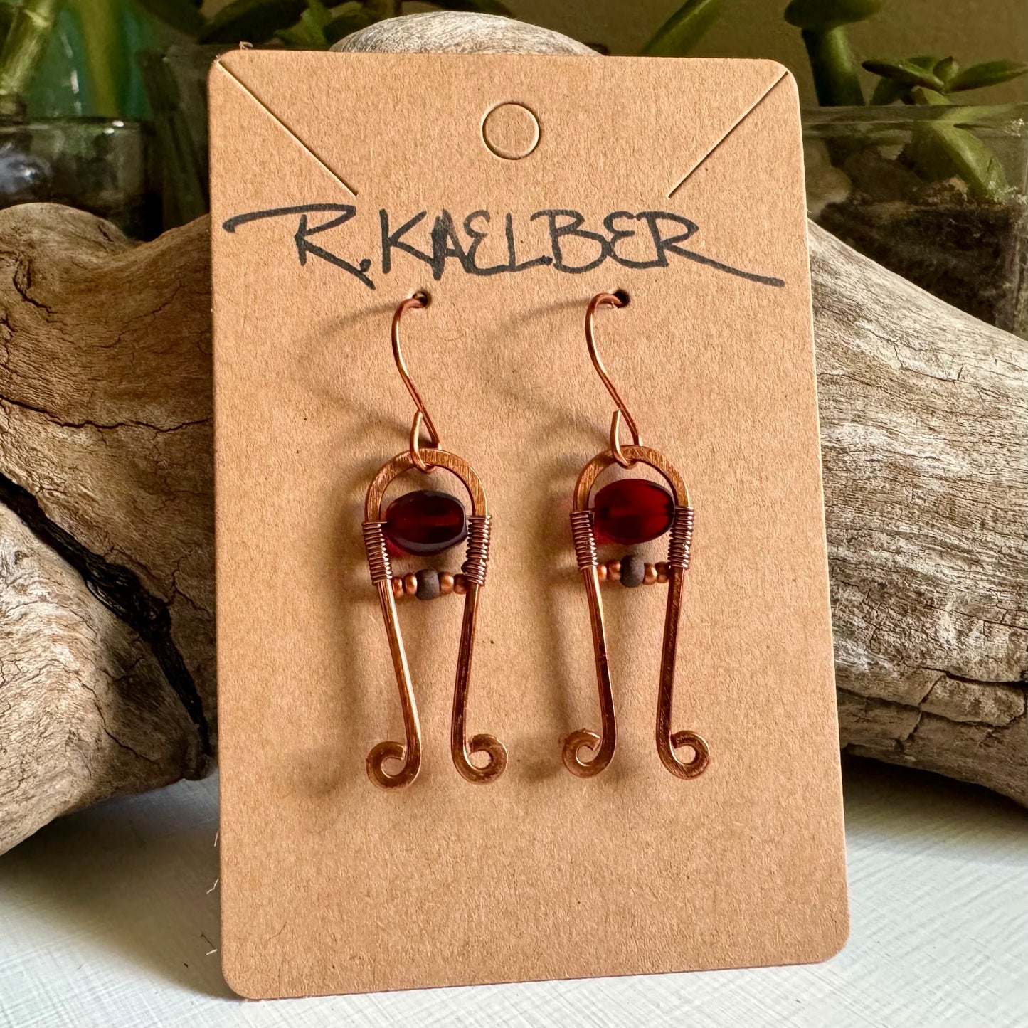 Garnet and Hammered Copper Dangle Earrings - R.Kaelber Art