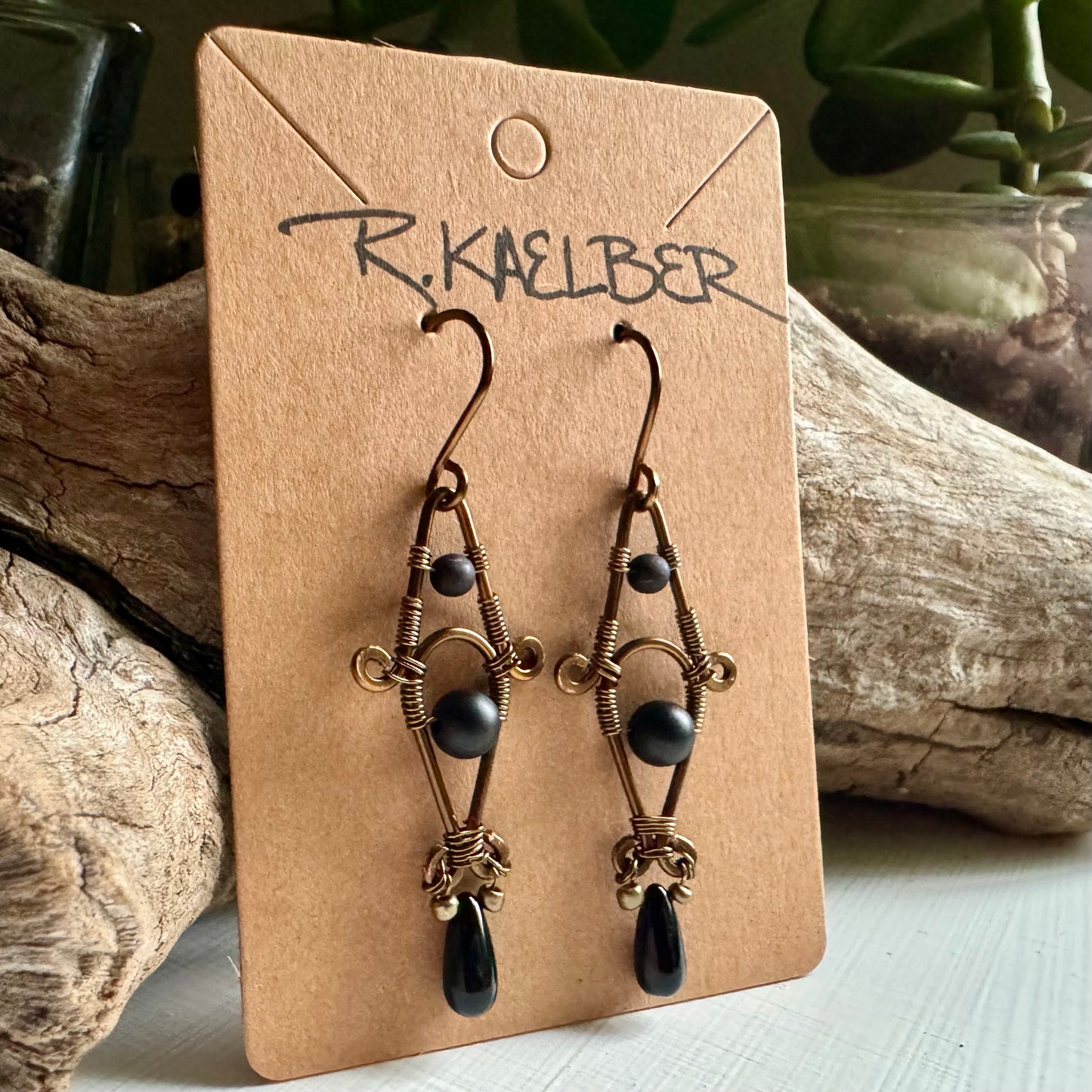 Onyx and Antique Bronze Dangle Earrings