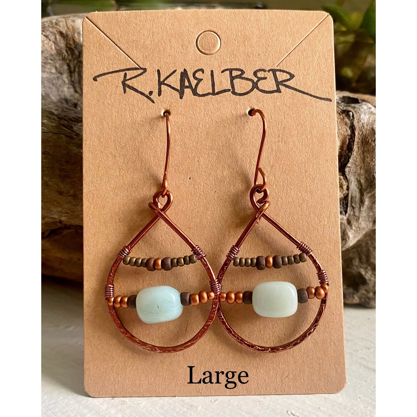 Amazonite Teardrop Earrings with Copper and Seedbeads - R.Kaelber Art