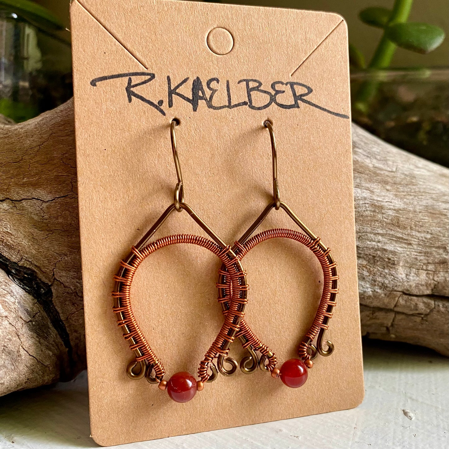 Carnelian, Copper, and Antique Bronze Dangle Earrings