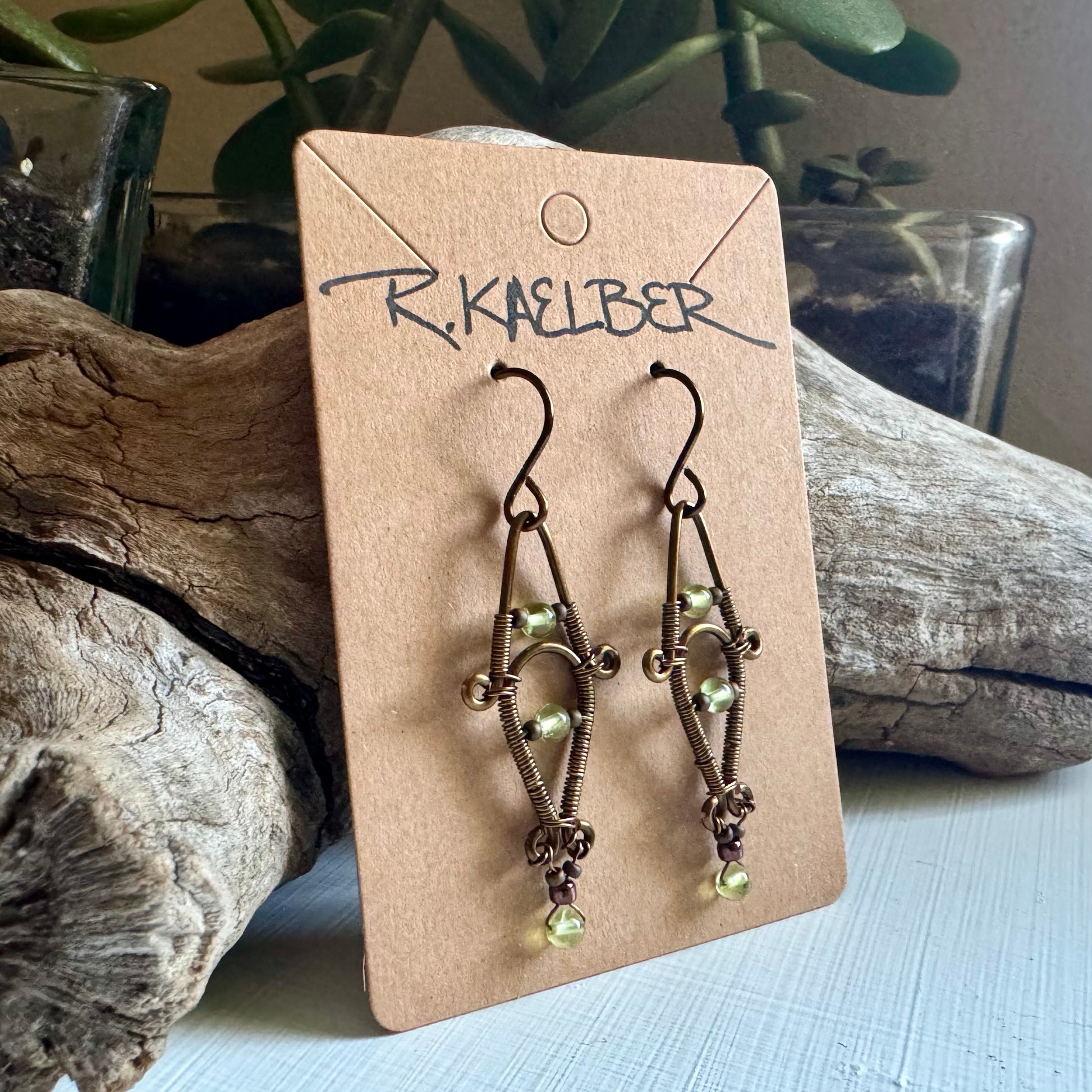 Prehnite and Antique Bronze Dangle Earrings - R.Kaelber Art