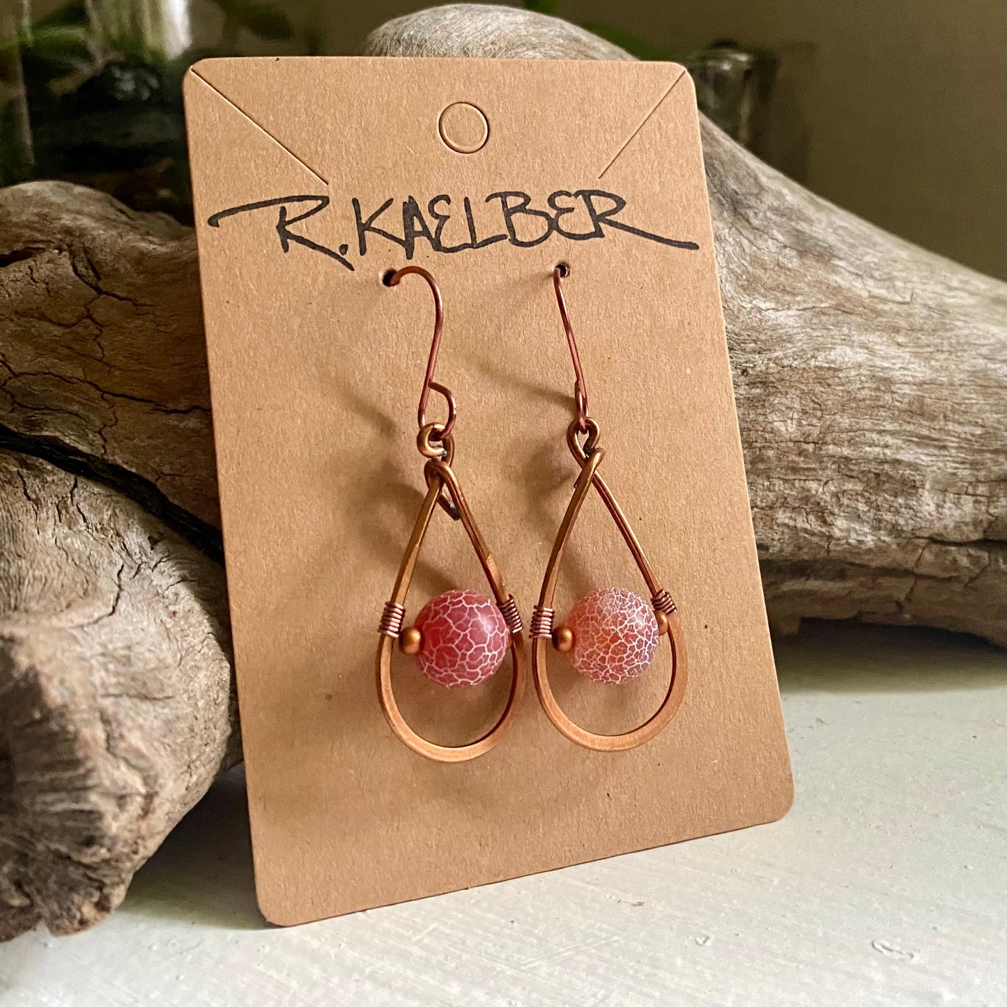 Red-Orange Crackle Agate and Copper Teardrop Earrings