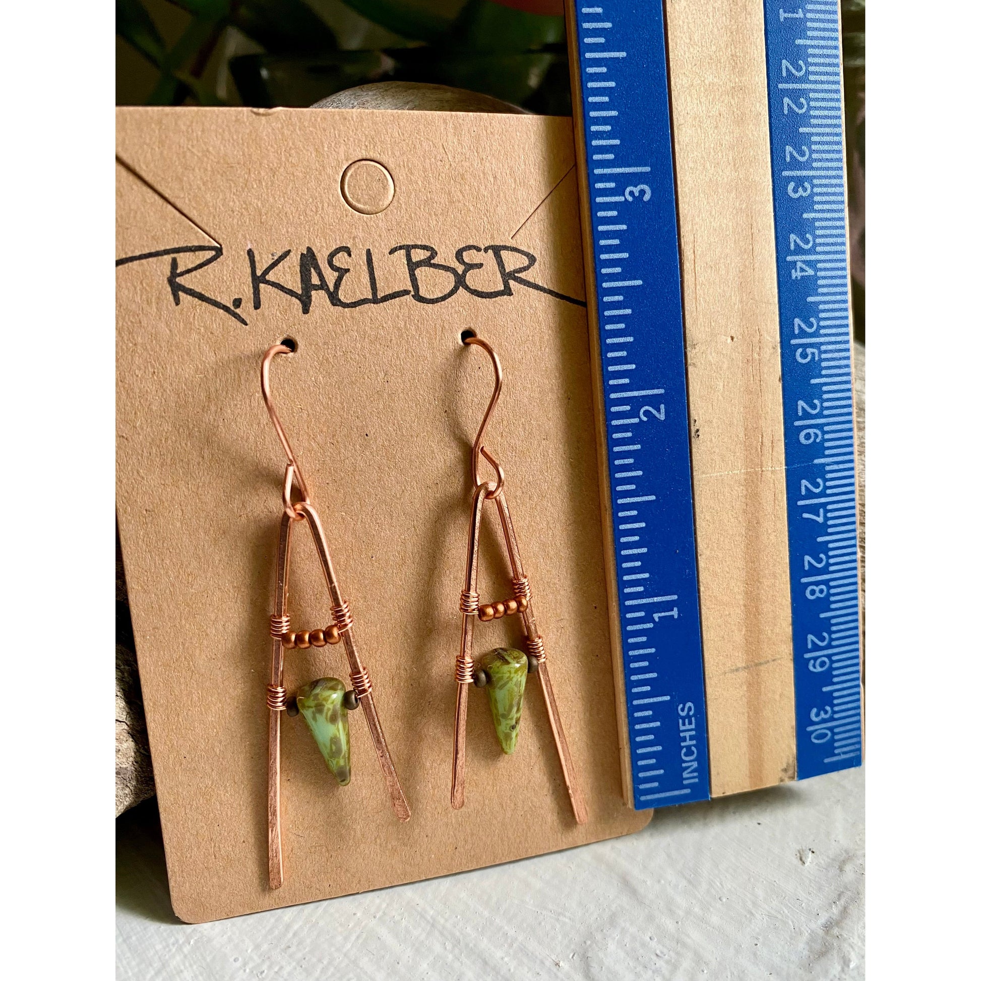 Copper A-frame Dangle Earrings with Green beads - R.Kaelber Art