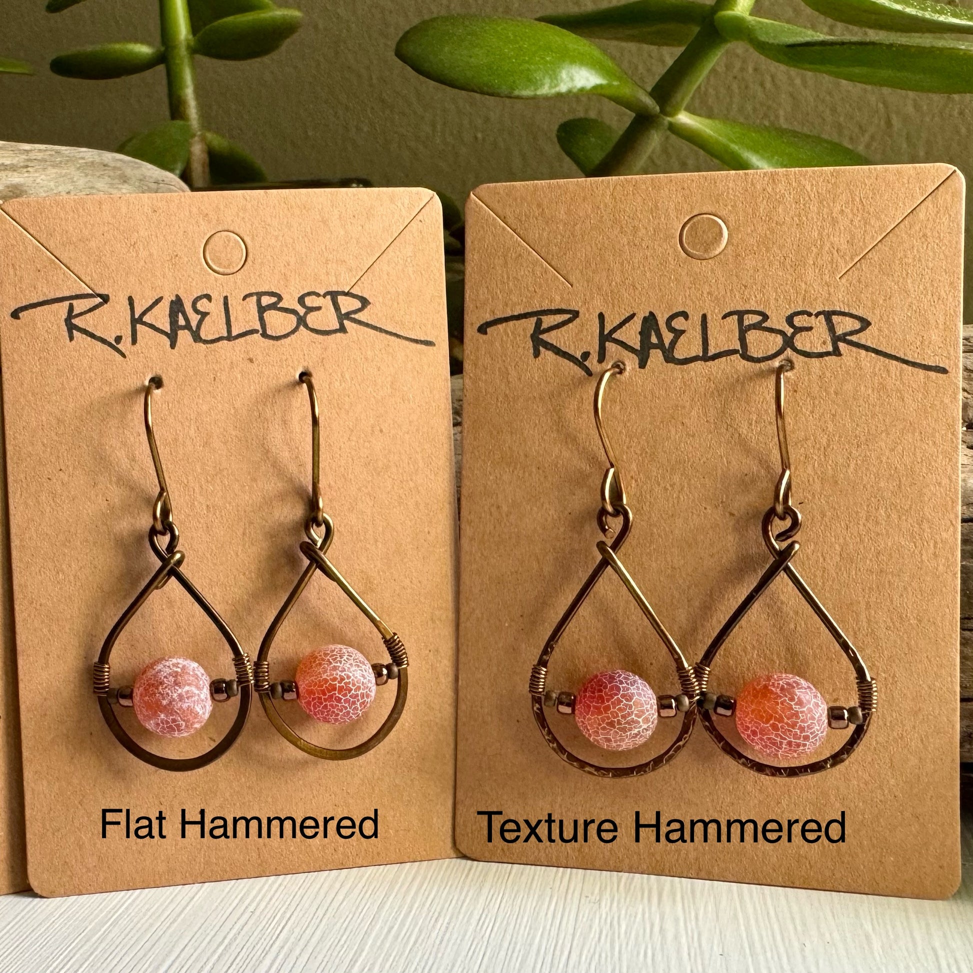 Red-Orange Crackle Agate and Antique Bronze Teardrop Earrings - R.Kaelber Art