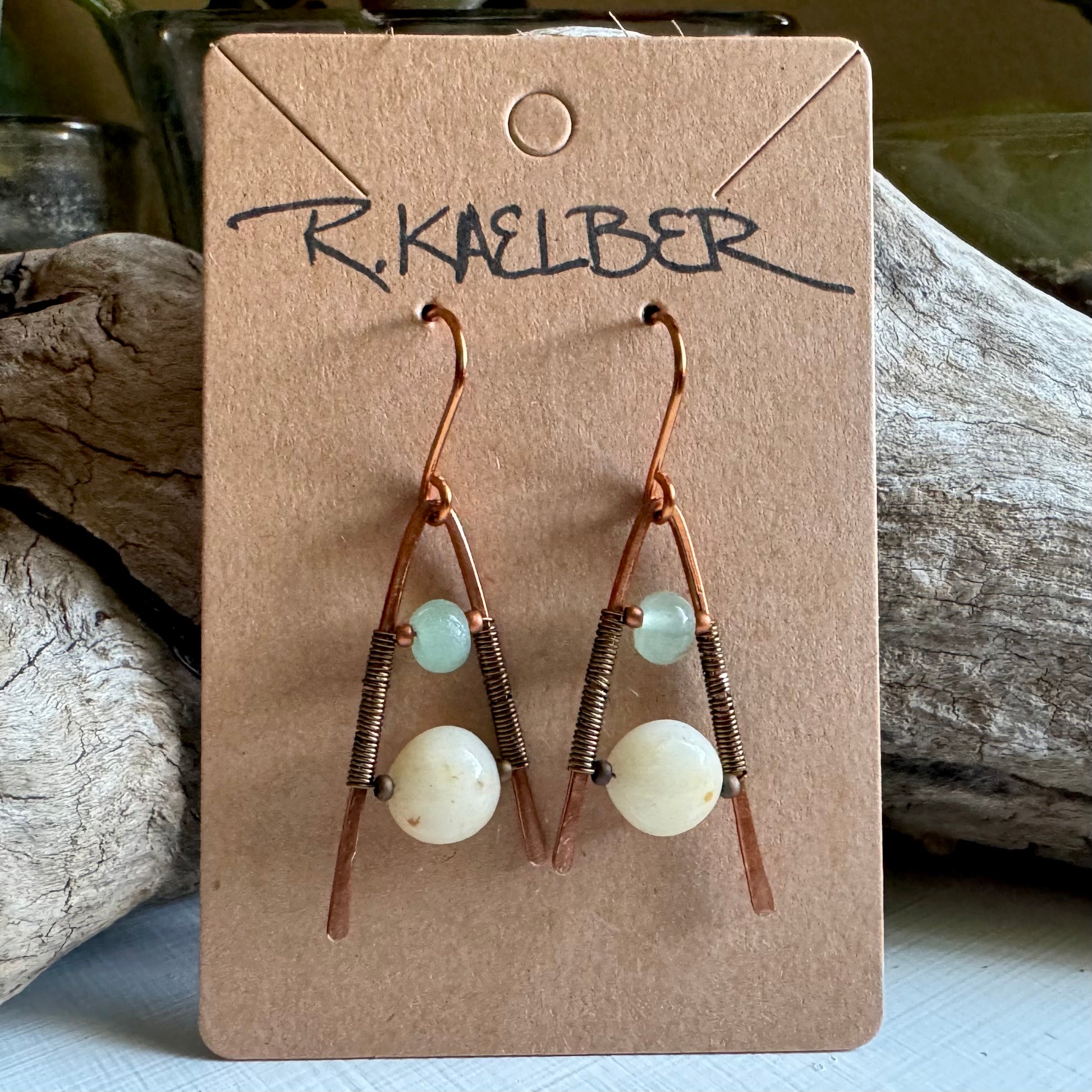 Aventurine and Jade Hammered Copper and Antique Bronze A-Frame Earrings - R.Kaelber Art