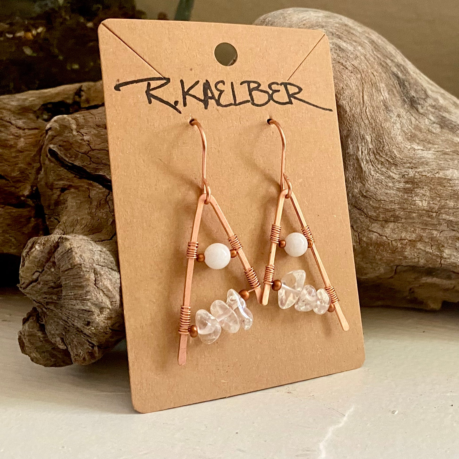 Rainbow Moonstone and Clear Quartz Copper Earrings - R.Kaelber Art