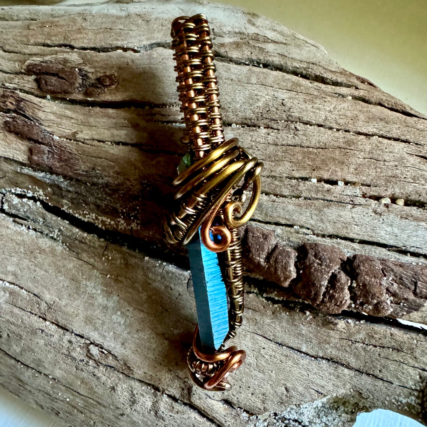 Aqua Aura Quartz Pendant with Antique Bronze and Copper - R.Kaelber Art