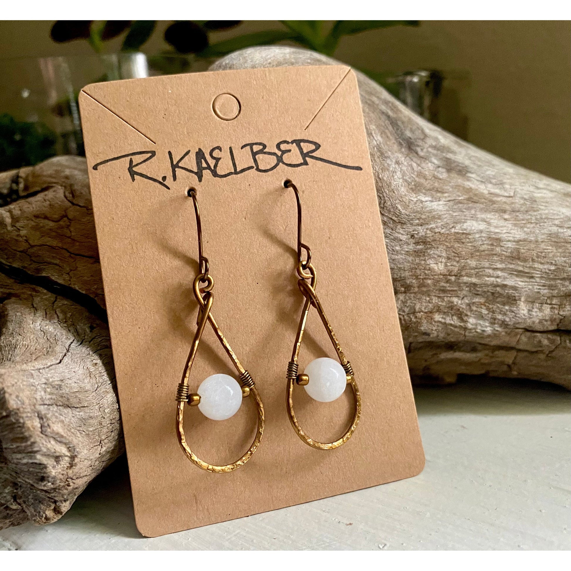 Rainbow Moonstone Teardrop Earrings with Copper or Antique Bronze - R.Kaelber Art