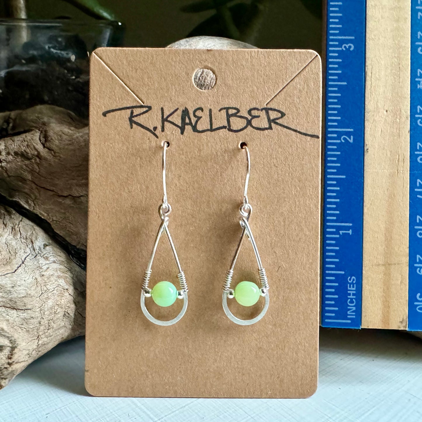 Green Opal and Sterling Silver Teardrop Earrings - R.Kaelber Art