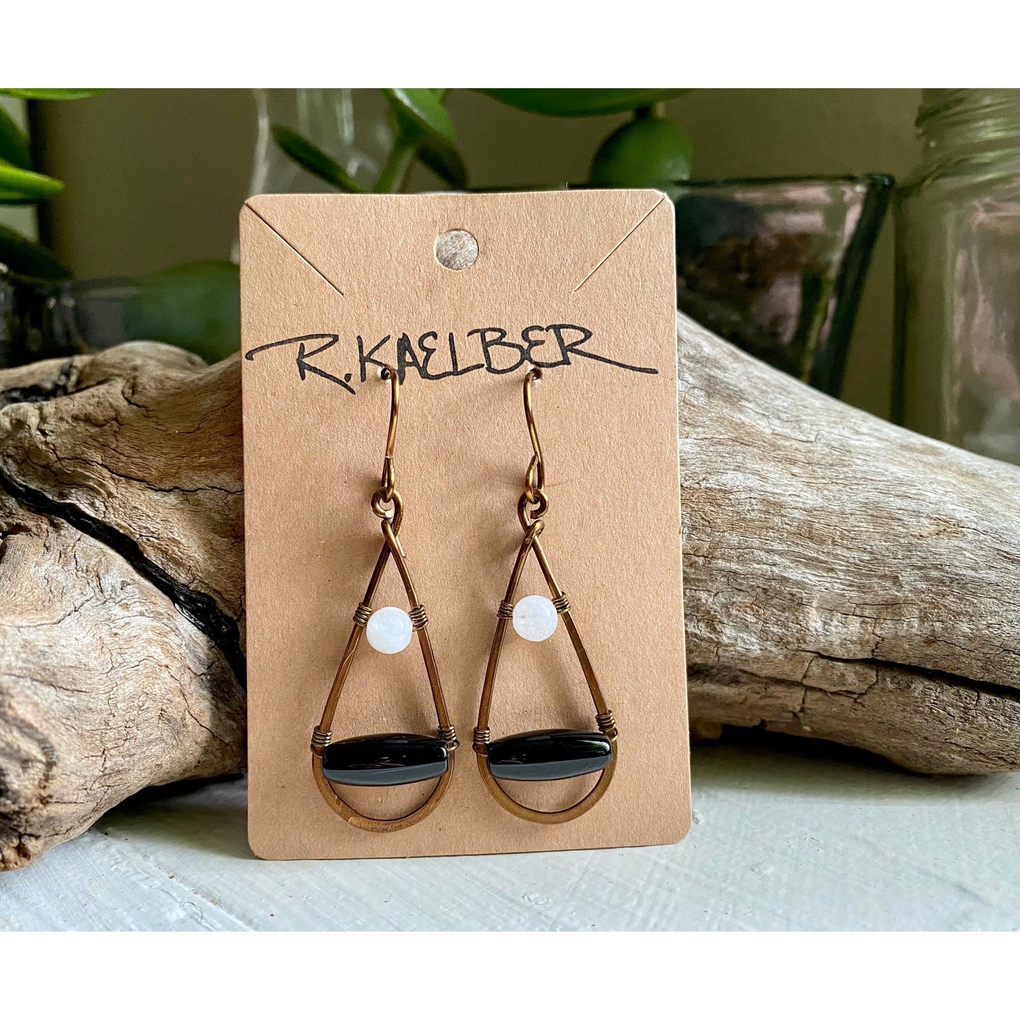 Rainbow Moonstone and Onyx Teardrop Earrings with Antique Bronze - R.Kaelber Art