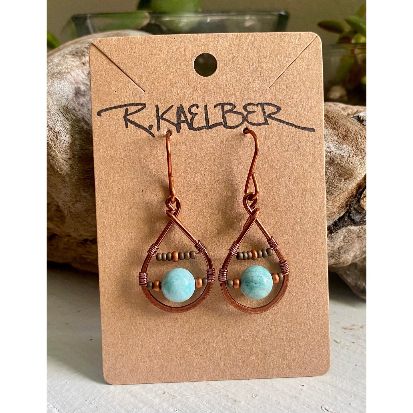 Amazonite Teardrop Earrings with Copper and Seedbeads - R.Kaelber Art