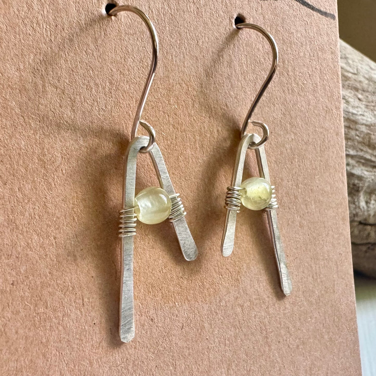 Prehnite and Hammered Sterling Silver A-Frame Earrings