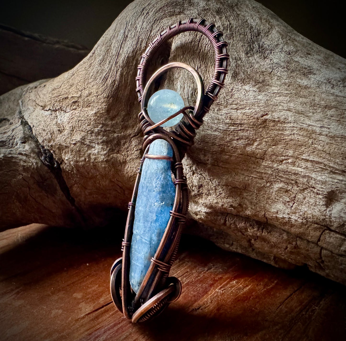 Aquamarine, Kyanite, and Copper Circular Pendant